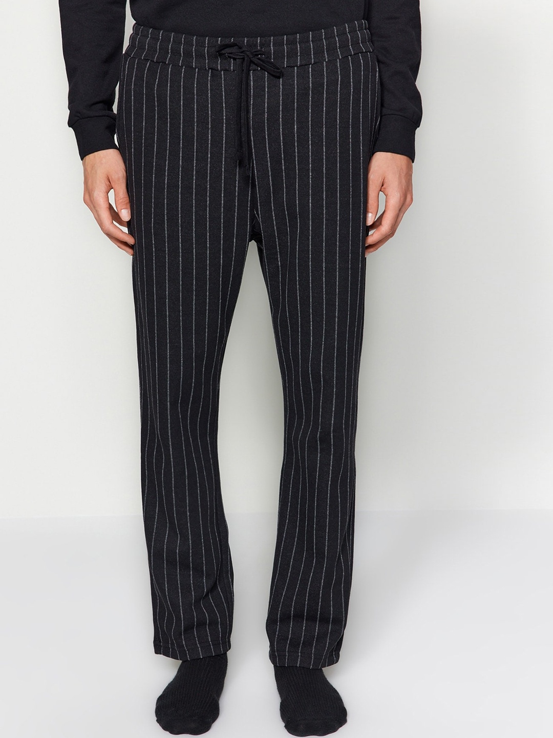 

Trendyol Men Striped Mid-Rise Lounge Pants, Black