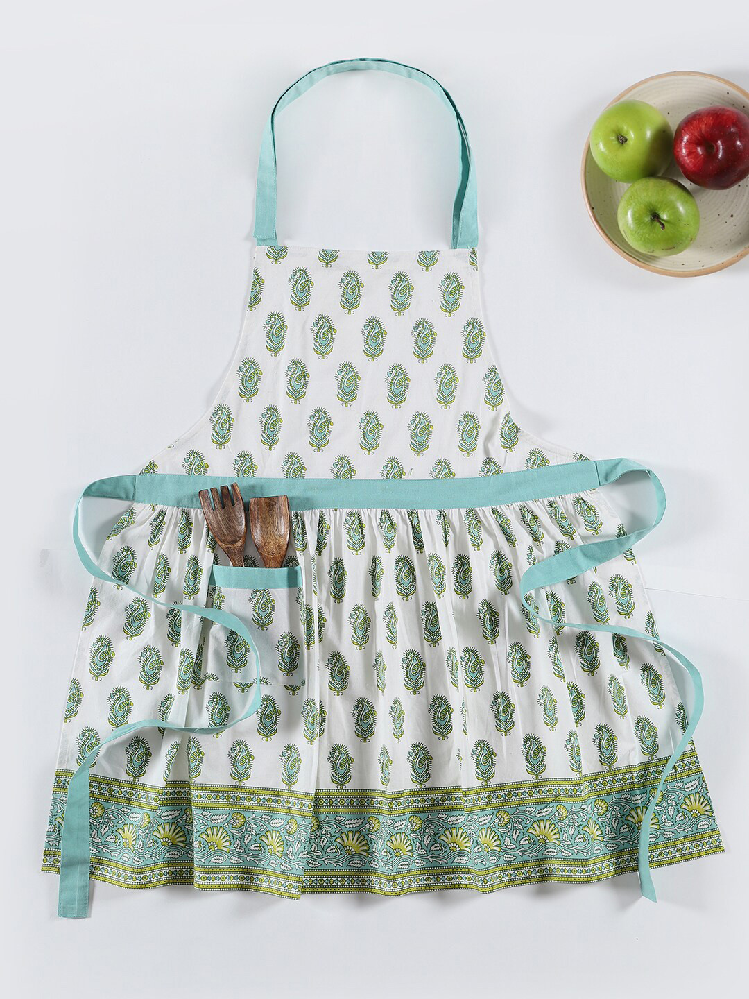

TARAN LIVING Green & White Printed Cotton Bib Apron