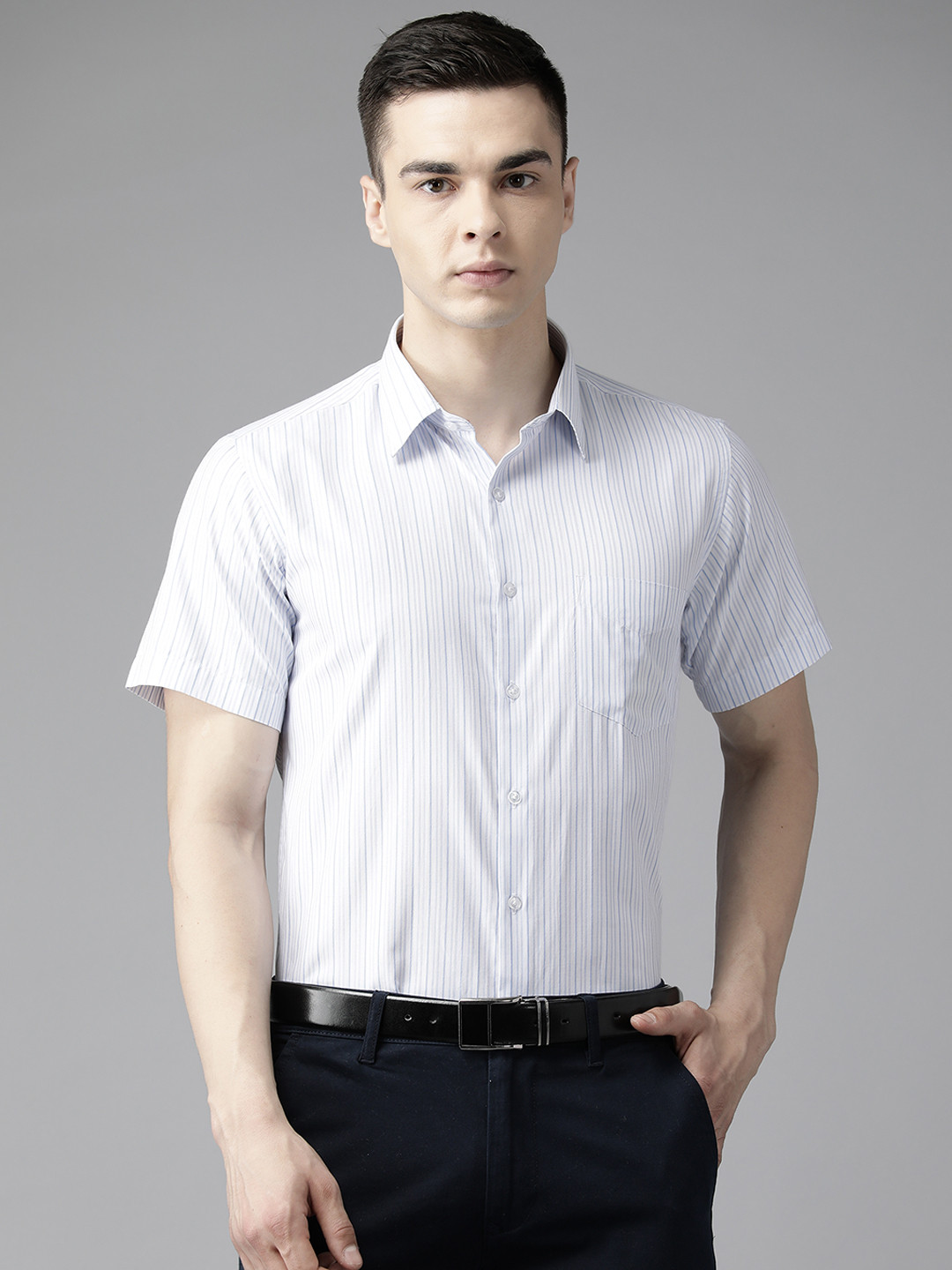 

English Navy Men Smart Slim Fit Striped Formal Shirt, White
