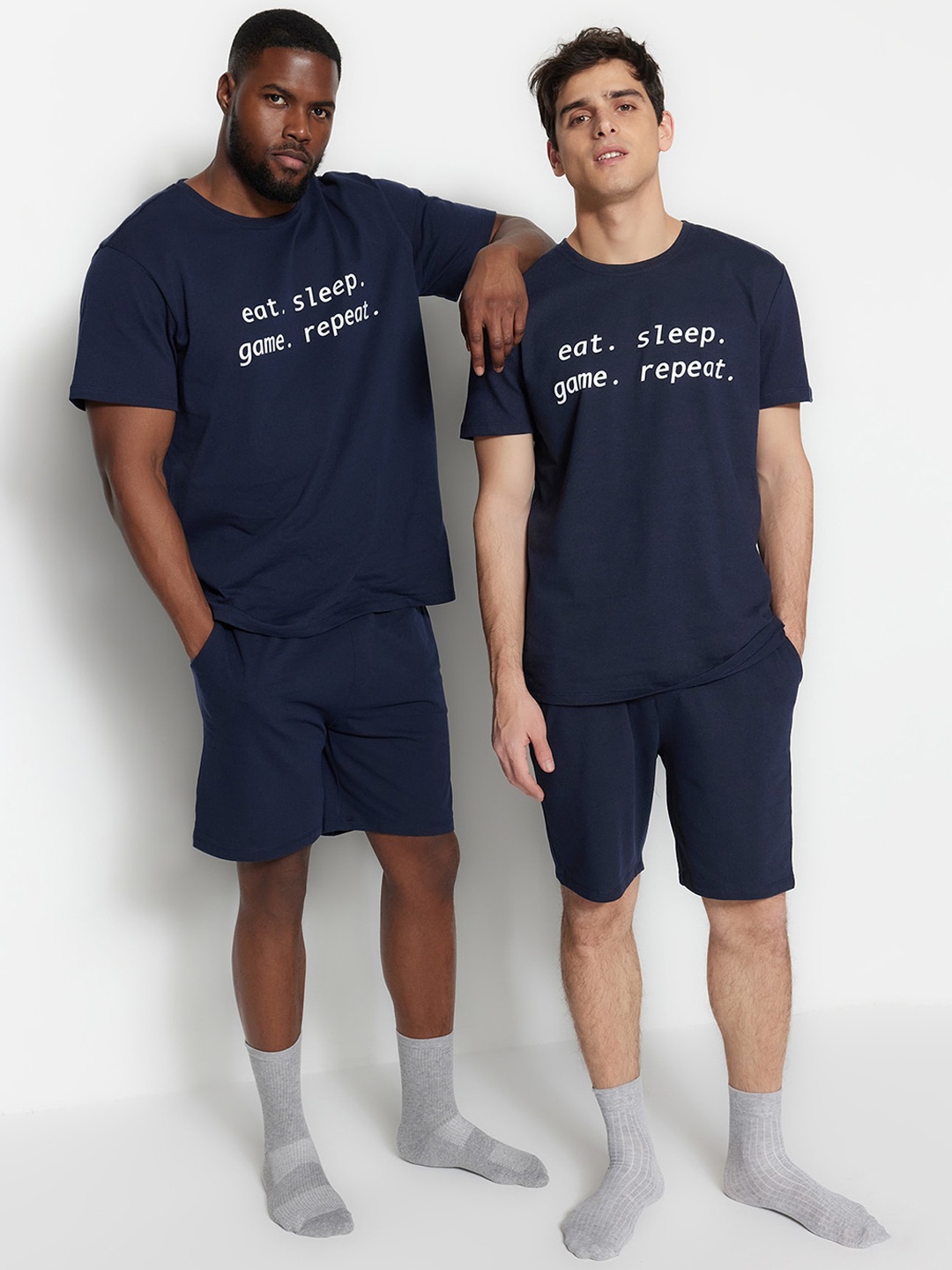 

Trendyol Typography Printed Pure Cotton T-shirt With Shorts, Navy blue