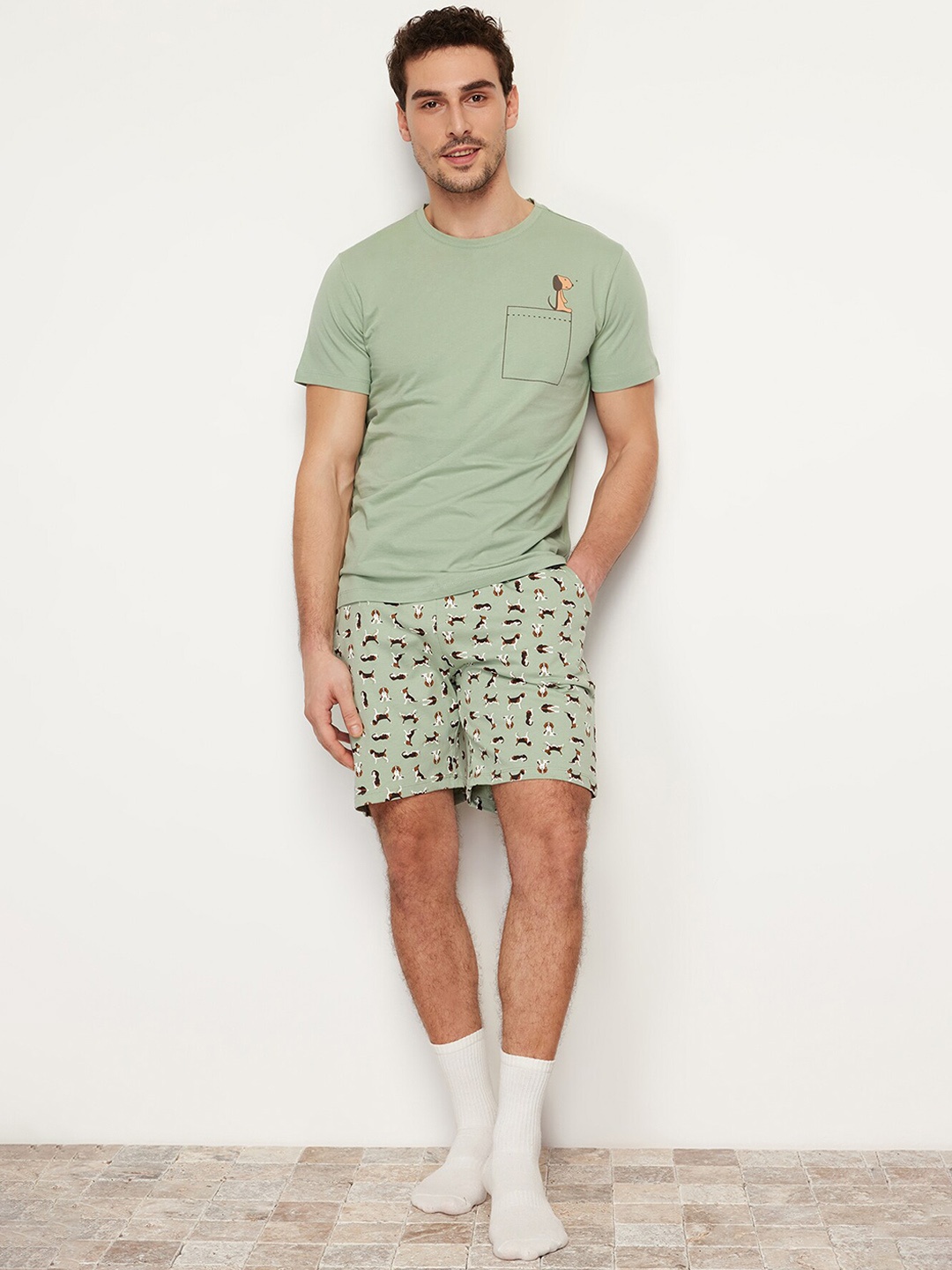 

Trendyol Animal Printed Pure Cotton T-shirt With Shorts, Green