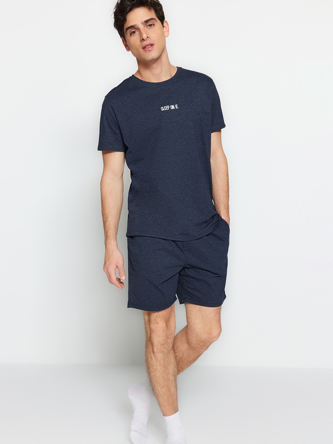 

Trendyol Round Neck Pure Cotton T-Shirt & Shorts, Blue