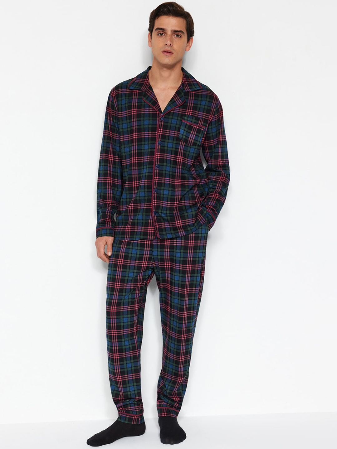 

Trendyol Checked Lapel Collar Pure Cotton Shirt & Pyjama, Blue