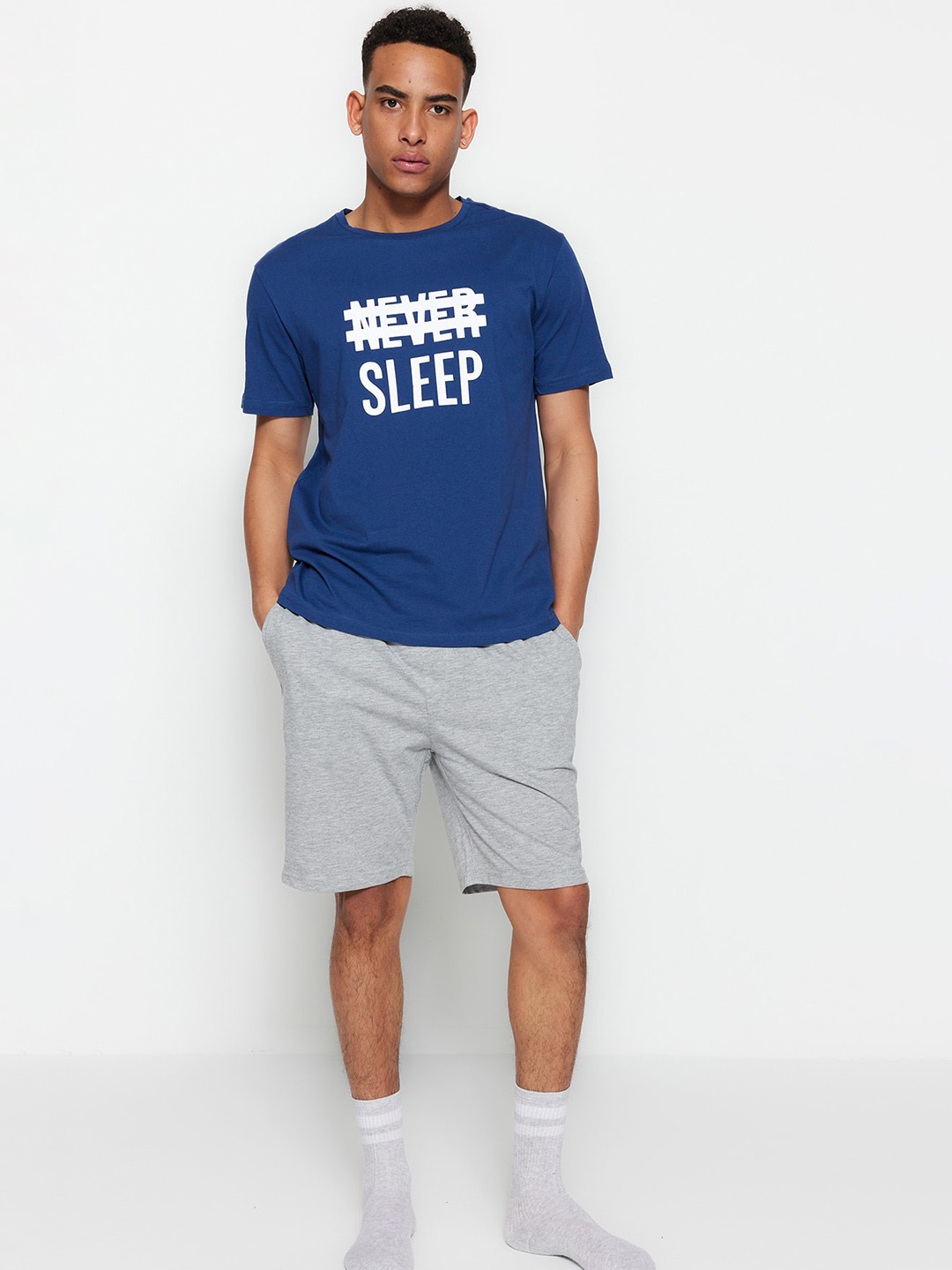 

Trendyol Typography Printed Pure Cotton T-shirt With Shorts, Blue
