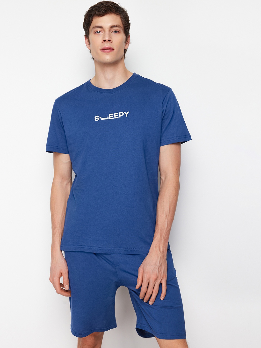 

Trendyol Typography Printed Pure Cotton T-shirt With Shorts, Blue