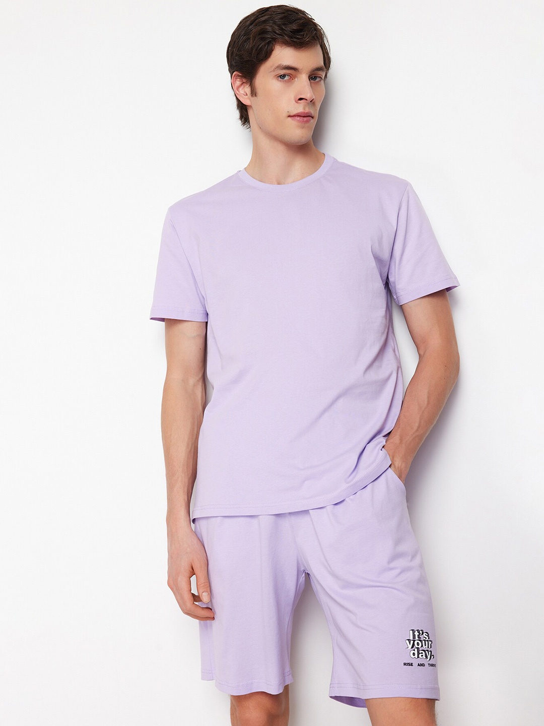 

Trendyol Cotton Printed Round Neck T-Shirt With Shorts Co-Ords, Lavender