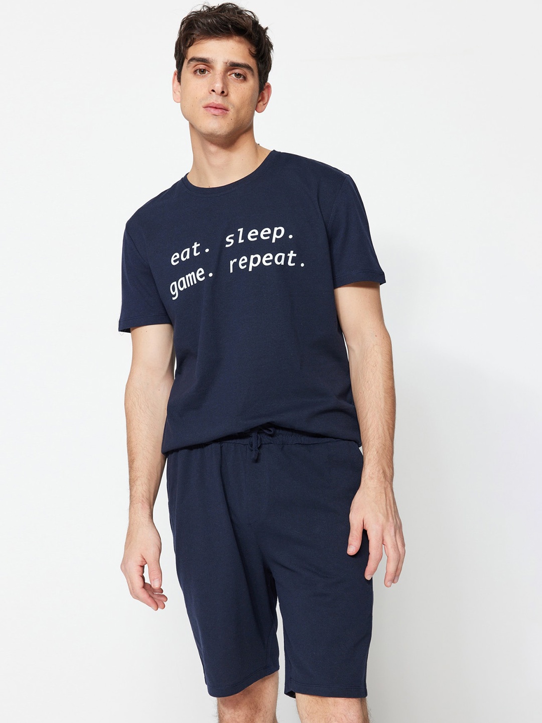 

Trendyol Typography Printed Pure Cotton T-shirt With Shorts, Navy blue