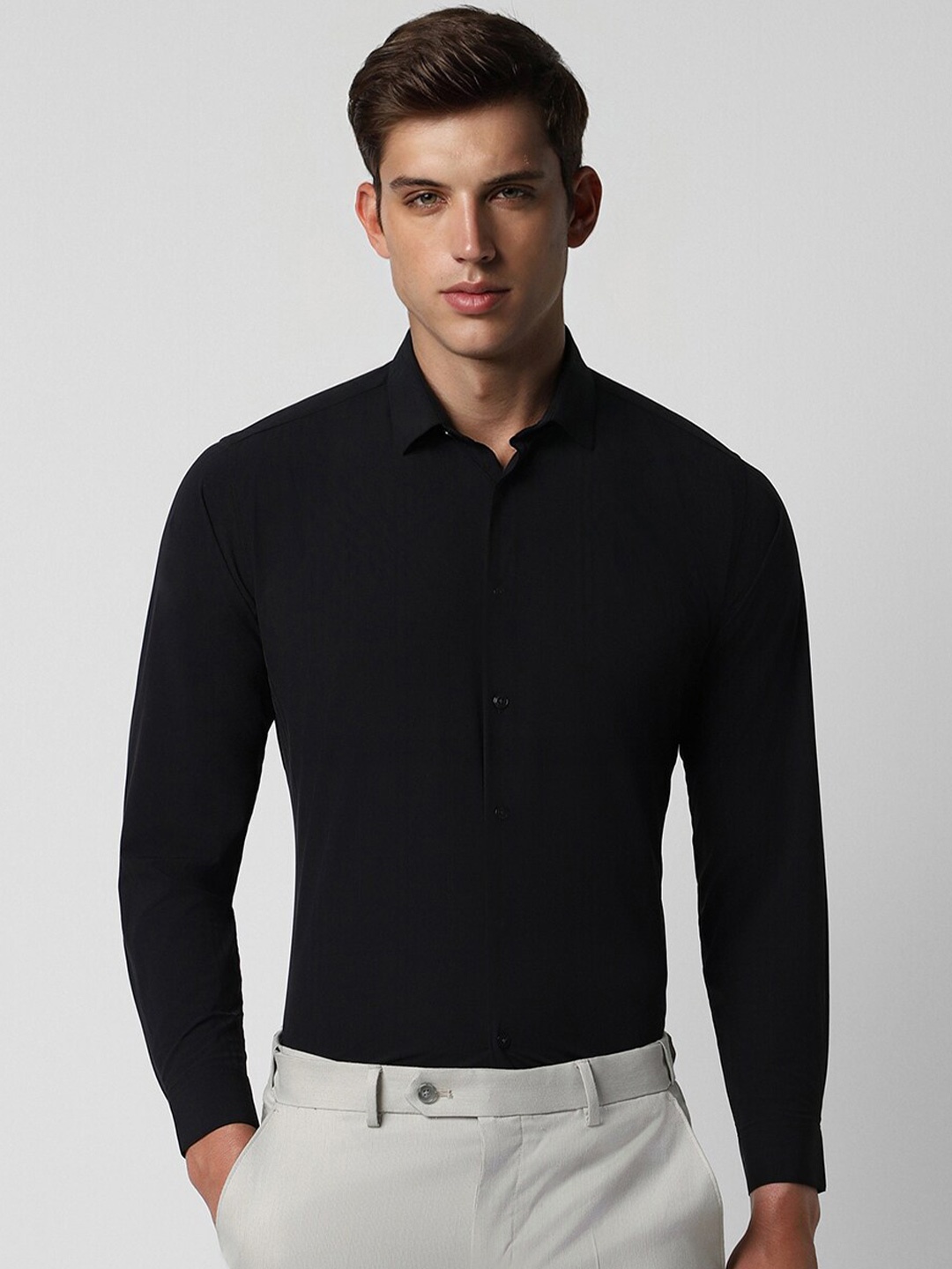 

V Dot Slim Fit Spread Collar Long Sleeves Party Shirt, Black