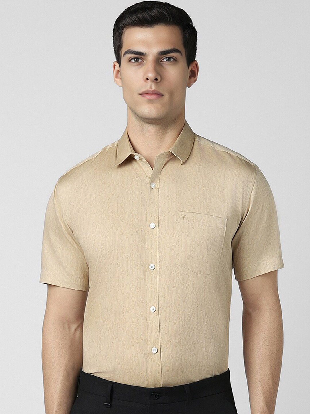 

V Dot Slim Fit Geometric Printed Pure Cotton Short Sleeves Party Shirt, Yellow