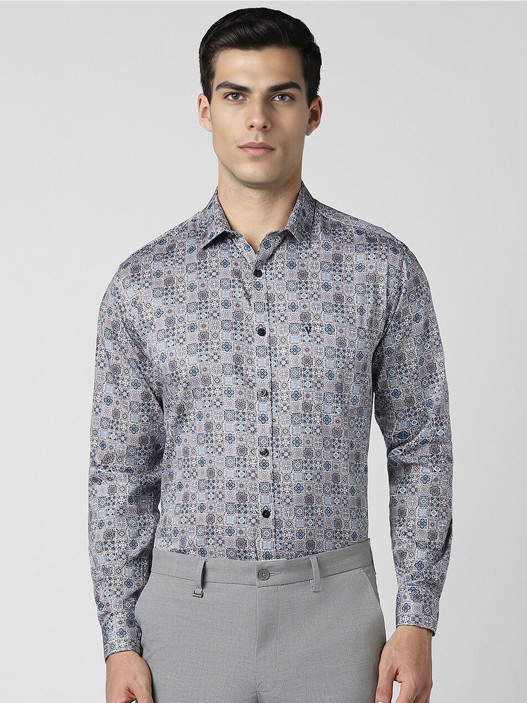 

V Dot Men Slim Fit Floral Opaque Printed Party Shirt, Grey