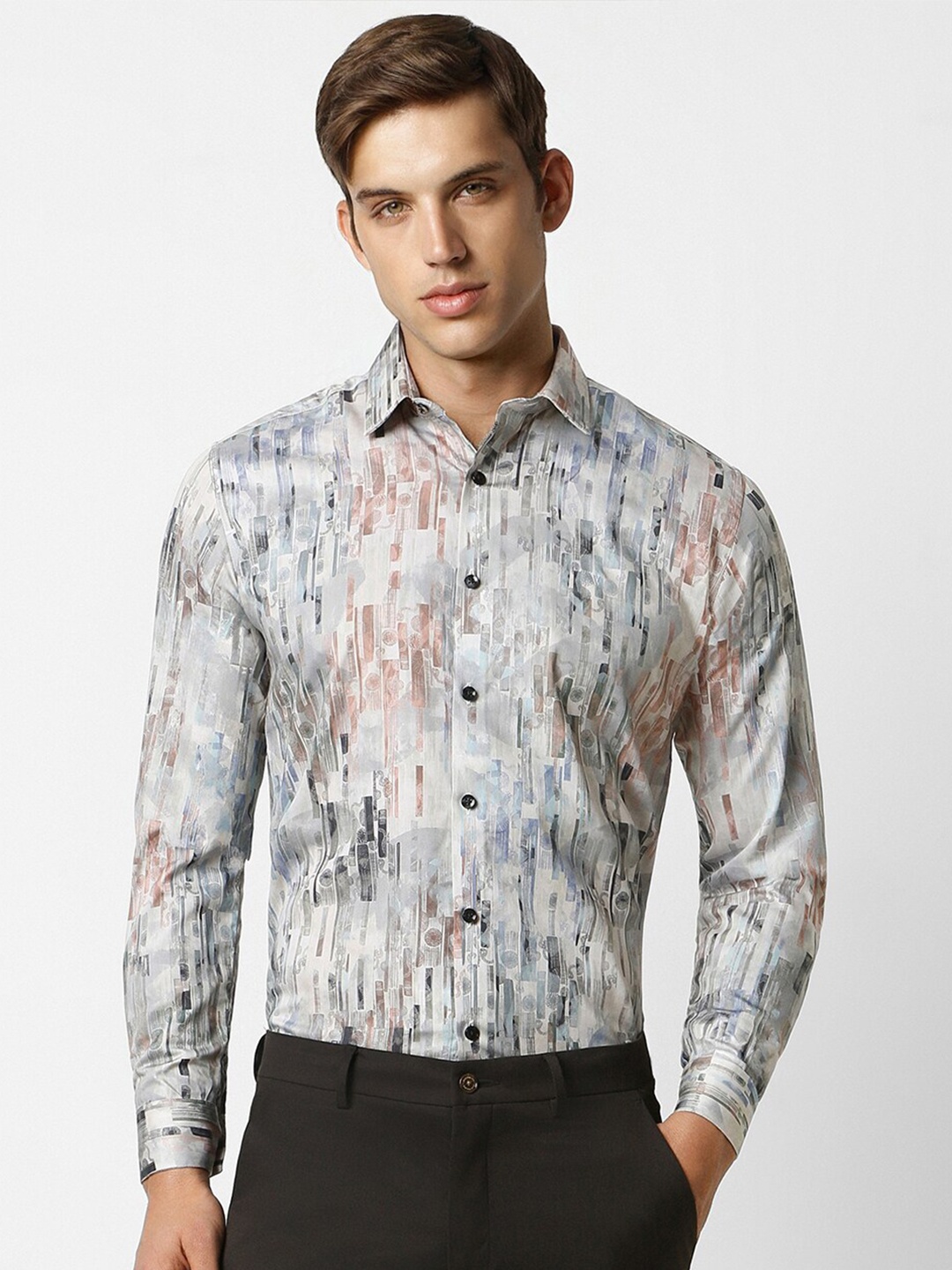 

V Dot Men Slim Fit Opaque Printed Party Shirt, Grey