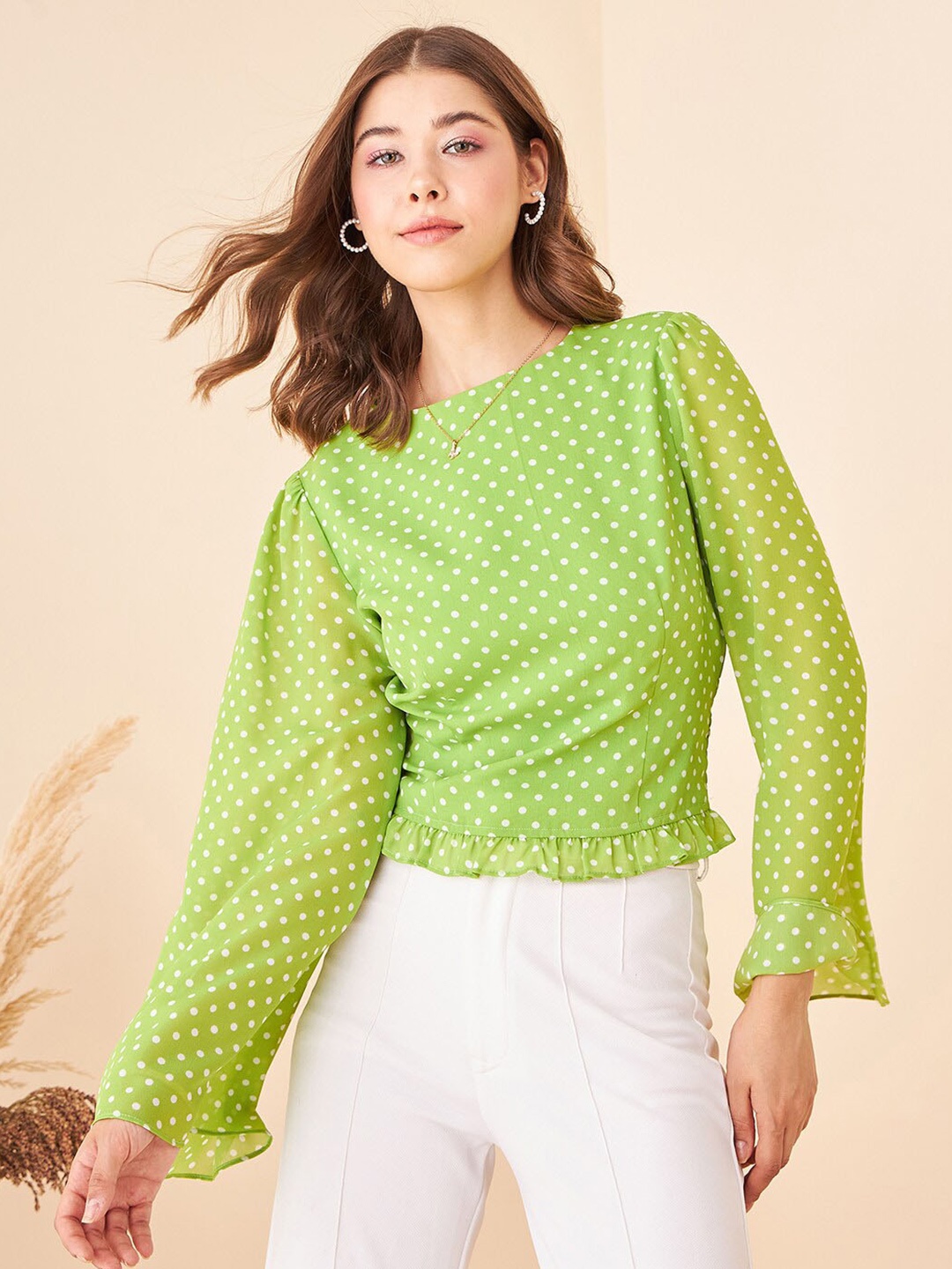 

Kibo Polka Dots Printed Bell Sleeves Crepe Top, Green
