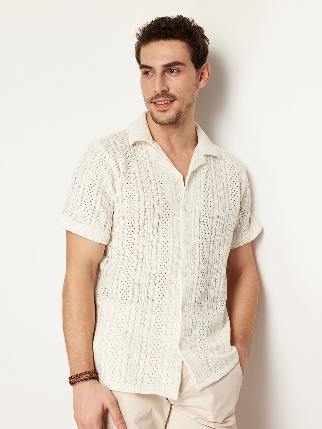 

Trendyol Spread Collar Self Design Casual Shirt, Off white