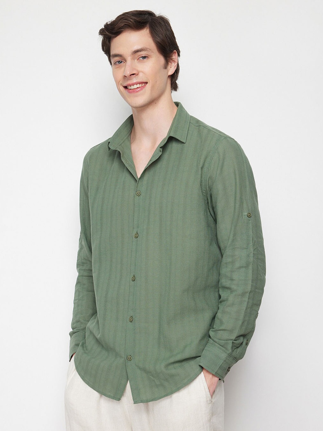 

Trendyol Vertical Striped Casual Pure Cotton Shirt, Green