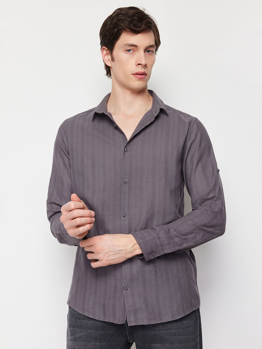 

Trendyol Vertical Striped Casual Pure Cotton Shirt, Grey