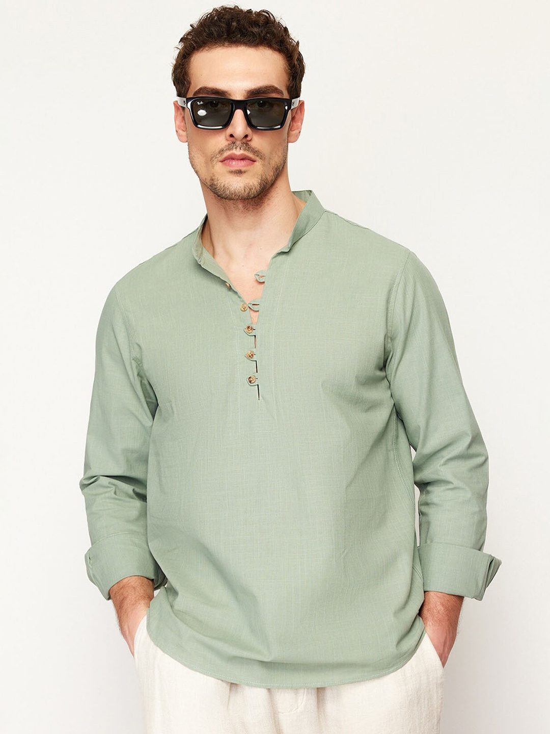 

Trendyol Mandarin Collar Casual Pure Cotton Shirt, Green