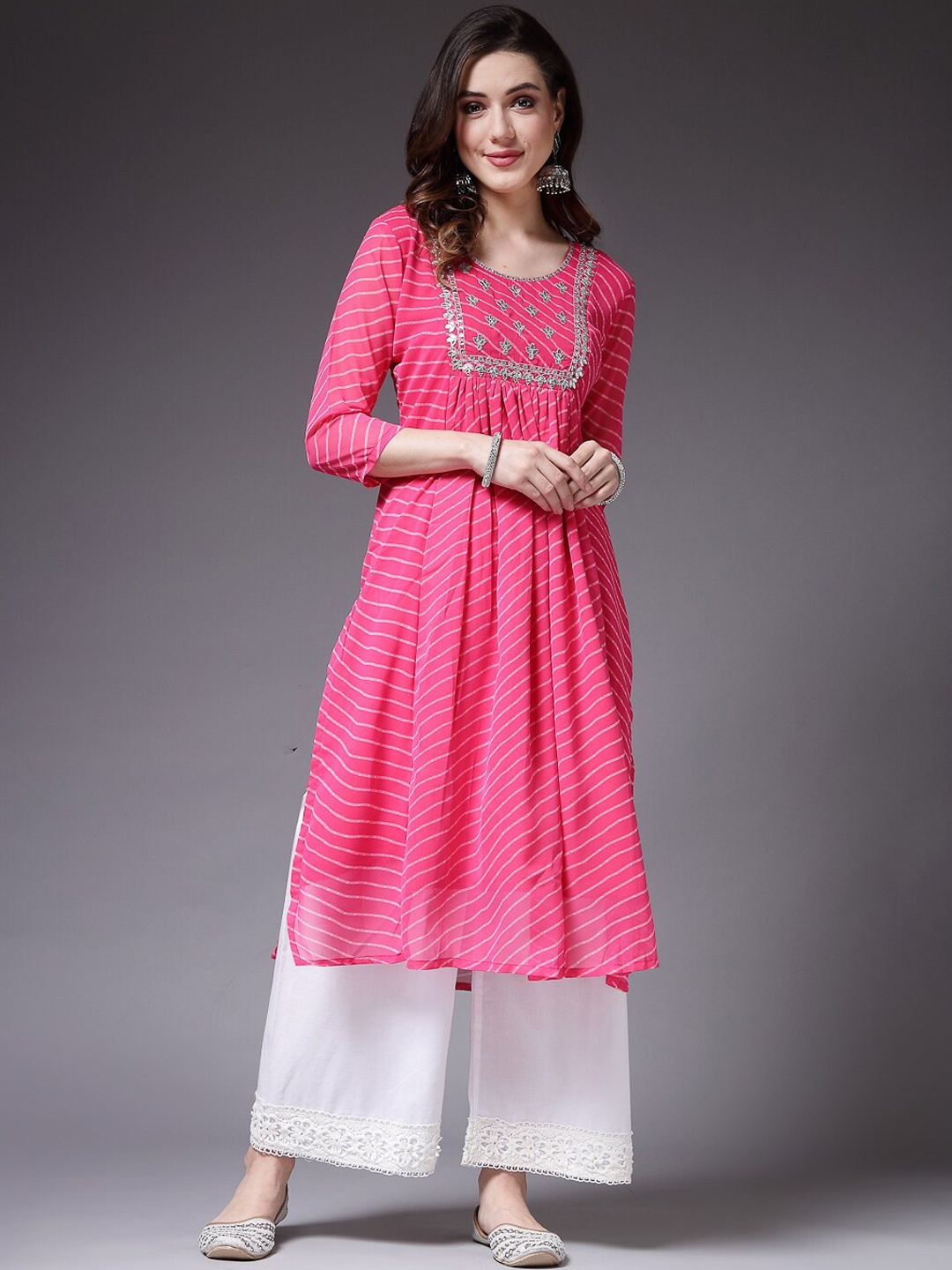 

Stylum Women Geometric Embroidered Flared Sleeves Thread Work Georgette Kurta, Pink