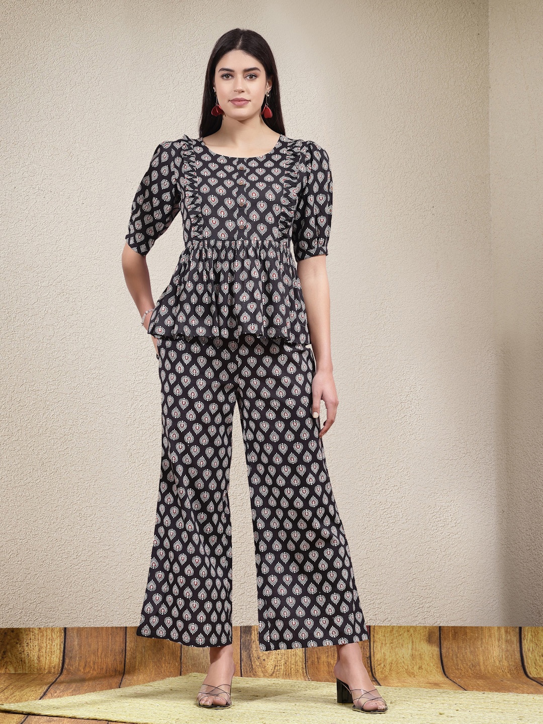 

Stylum Ethnic Motif Printed Puff Sleevess Pure Cotton Peplum Top With Trousers, Black