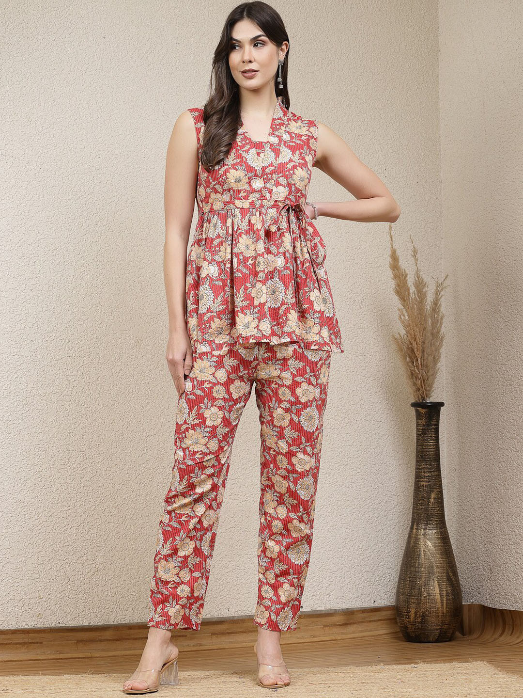

Stylum Floral Printed Pure Cotton A-Line Top With Trousers, Rust