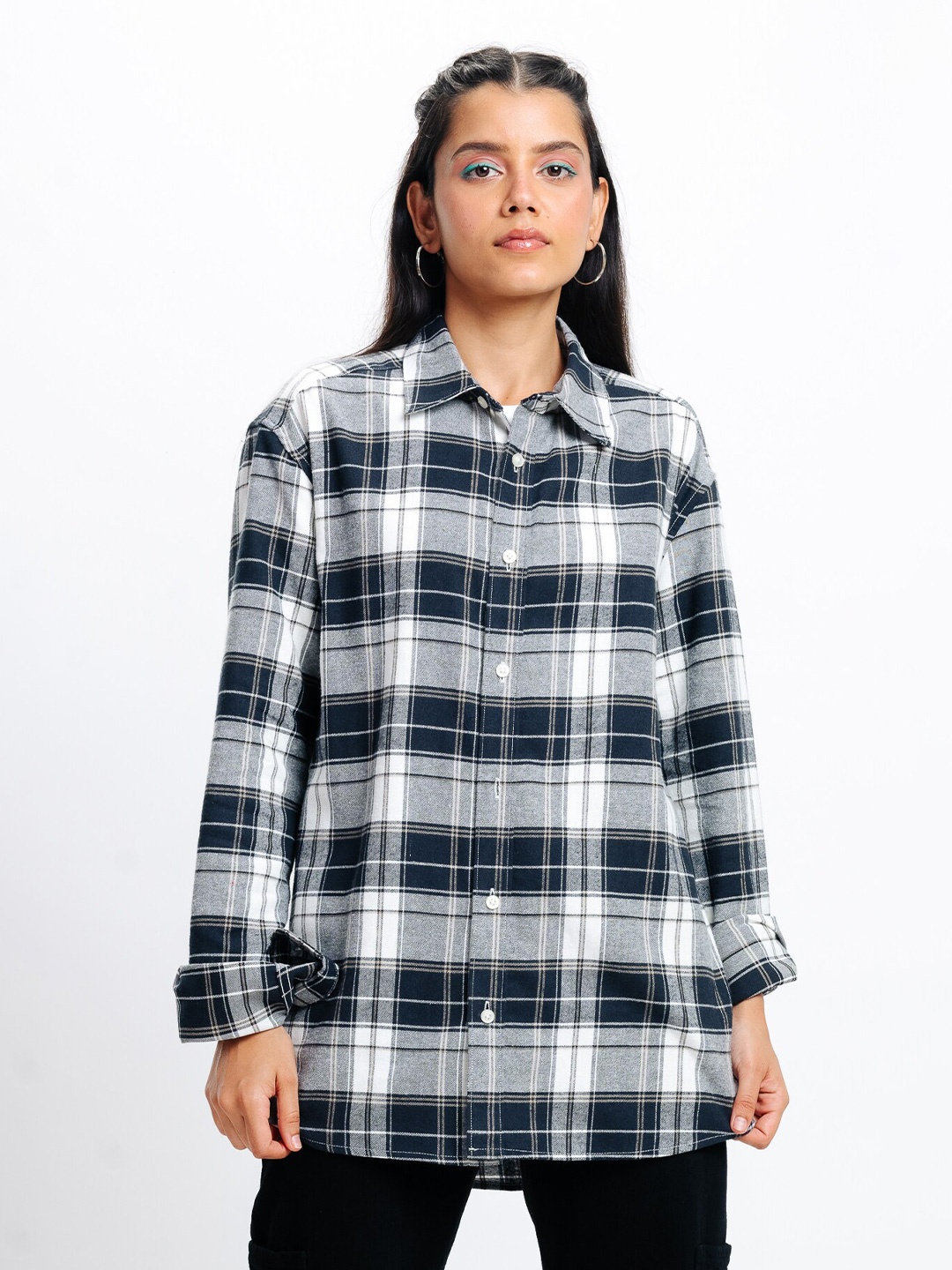 

FREAKINS Tartan Checks Cotton Checked Casual Shirt, Navy blue