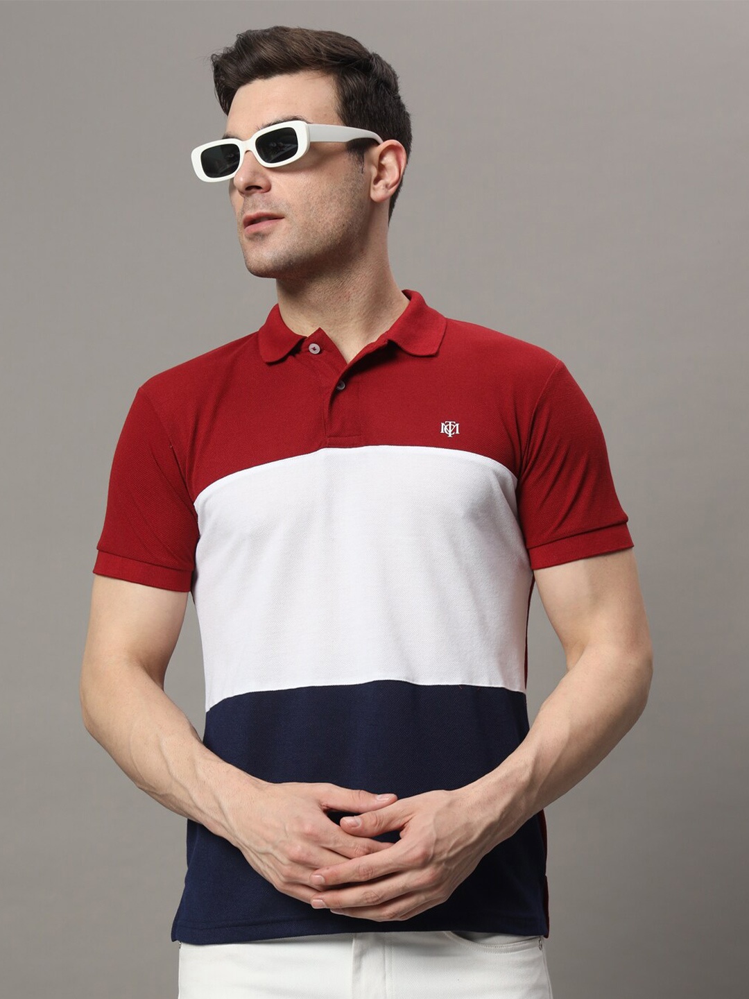 

THE MILLION CLUB Colourblocked Polo Collar Cotton T-shirt, Maroon