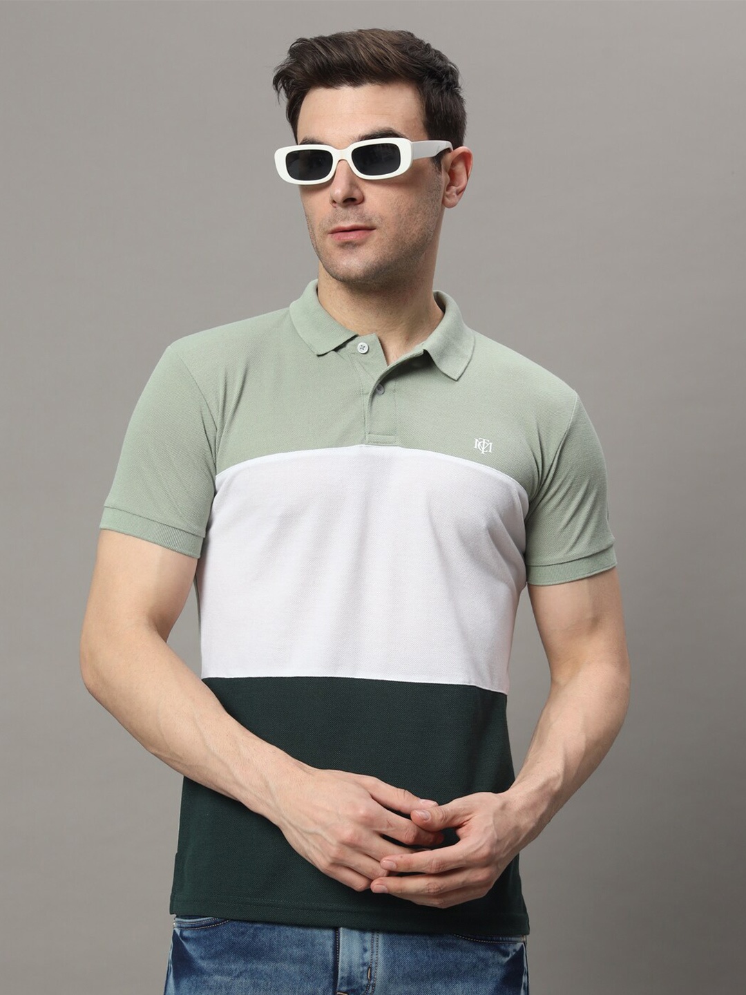

THE MILLION CLUB Colourblocked Polo Collar Cotton T-shirt, Sea green