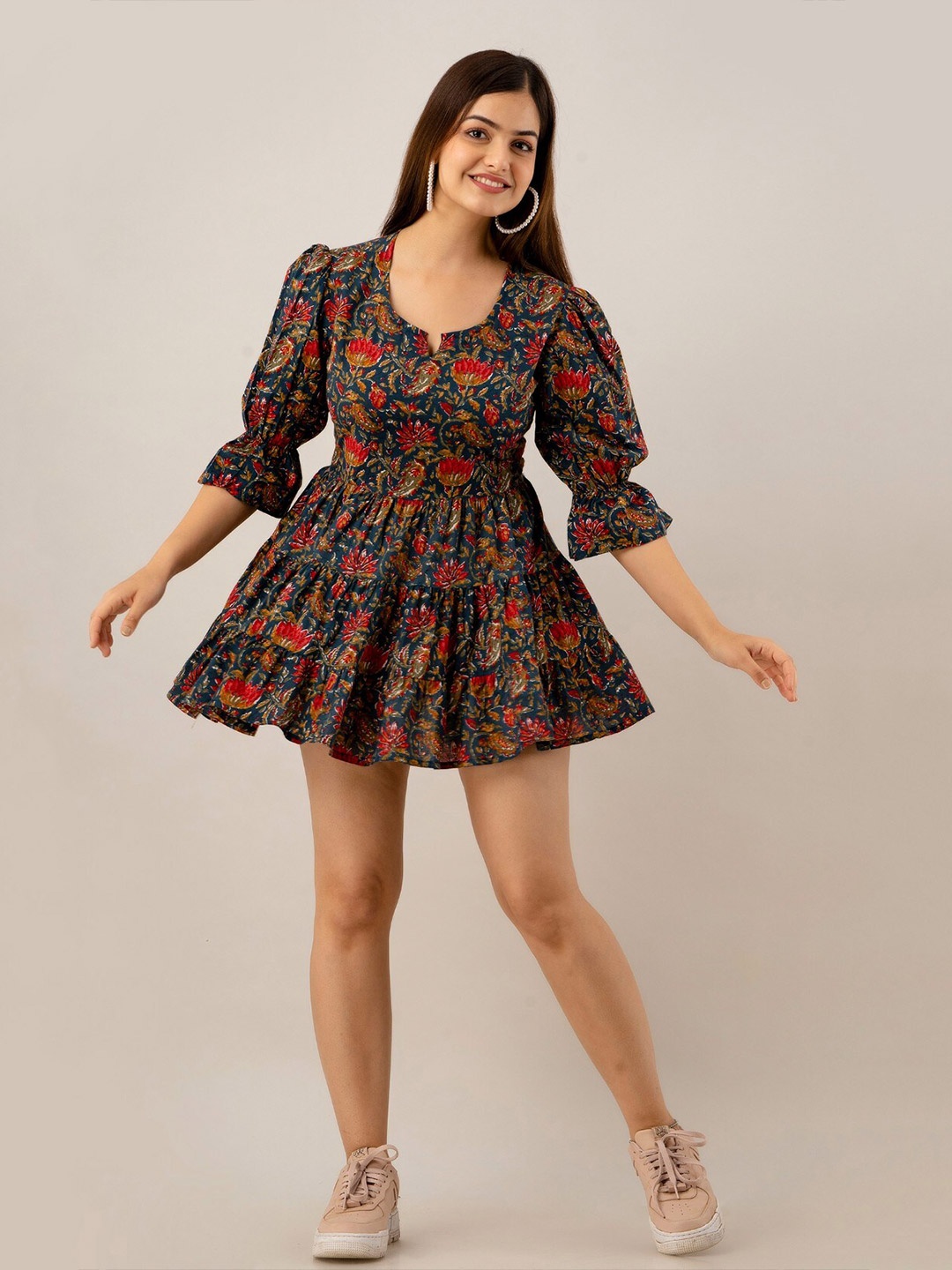 

BAIRAJ Floral Printed Round Neck Puff Sleeve Fit & Flare Cotton Mini Dress, Navy blue