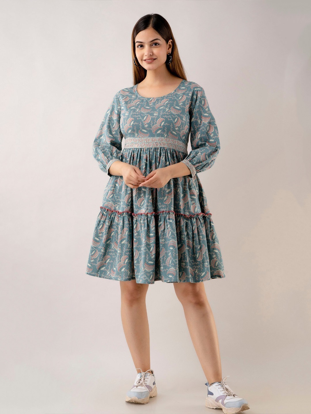 

BAIRAJ Cotton Floral Print Puff Sleeve Fit & Flare A-Line Dress, Blue
