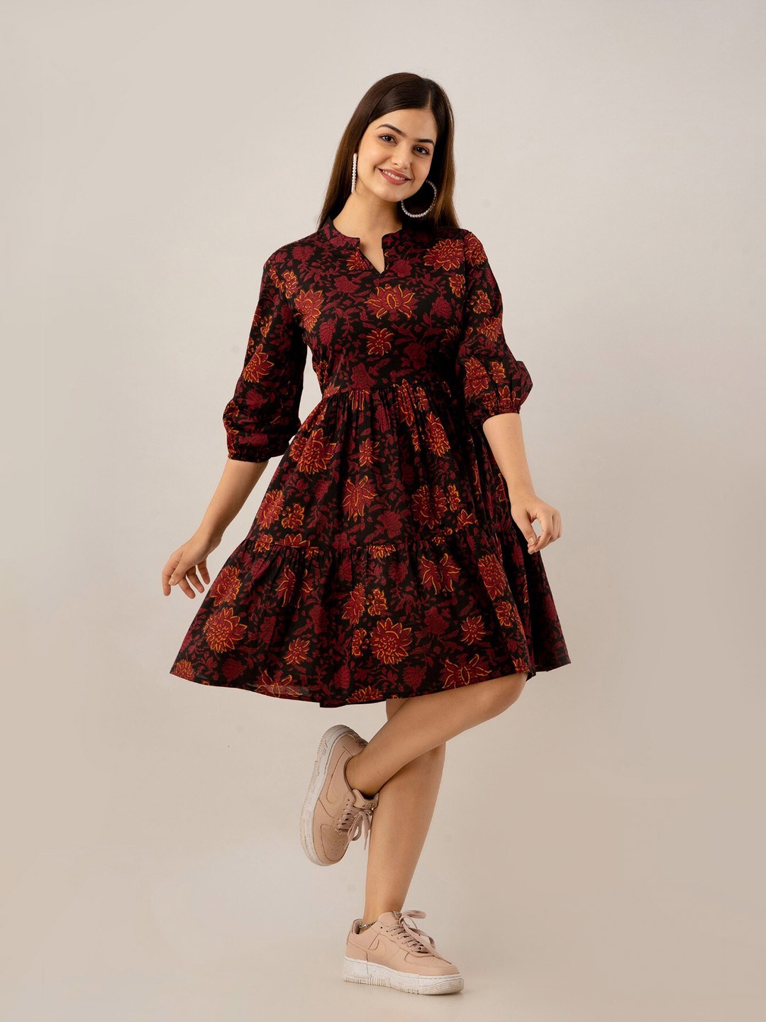 

BAIRAJ Cotton Floral Print Tie-Up Neck Puff Sleeve Fit & Flare Dress, Maroon