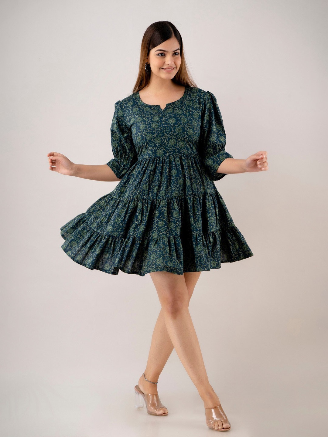 

BAIRAJ Floral Printed Cotton Notch Neck Fit & Flare Dress, Green