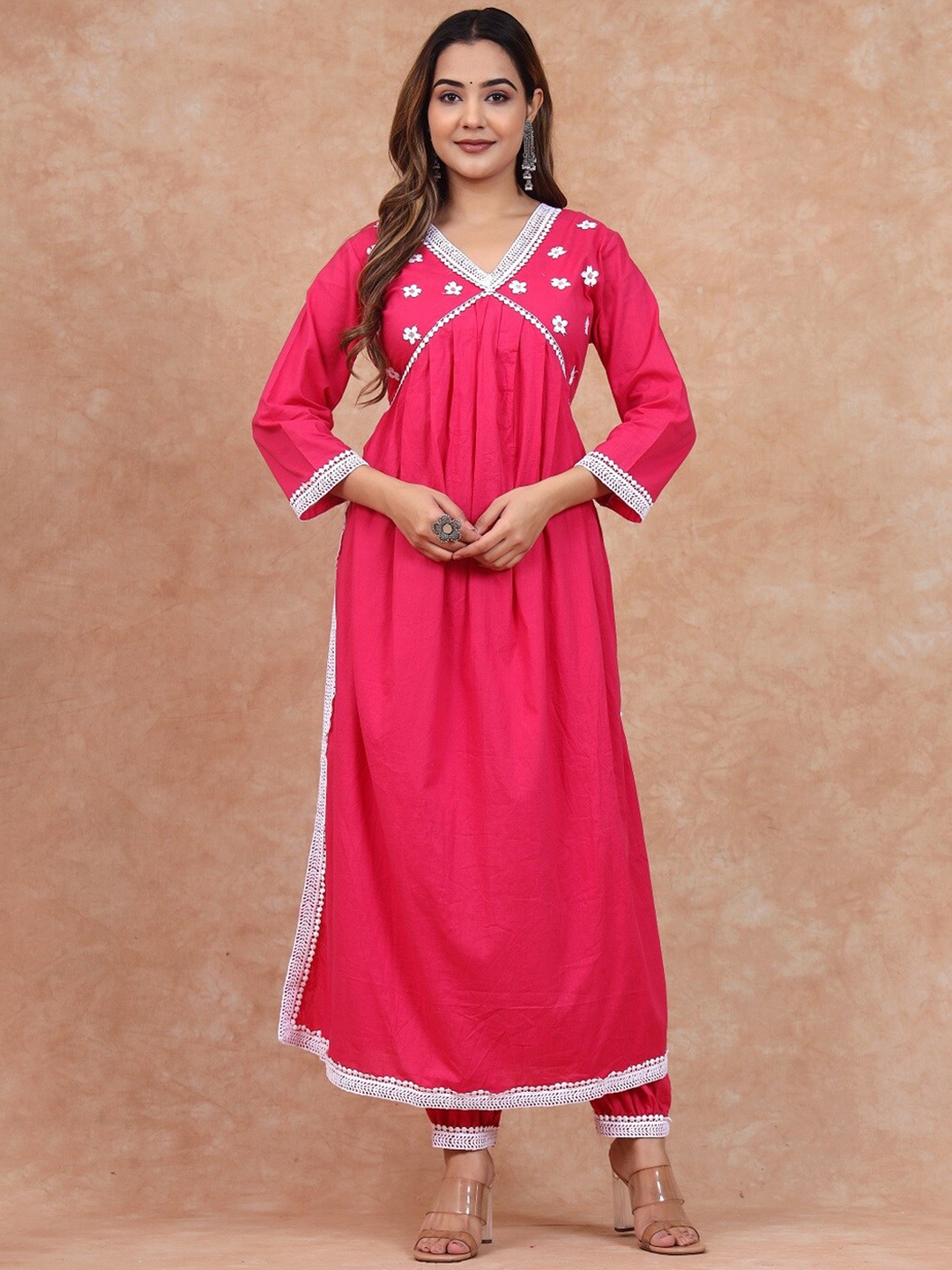 

Sangria Lace Detail V-Neck Pure Cotton A-Line Kurta & Trousers, Magenta
