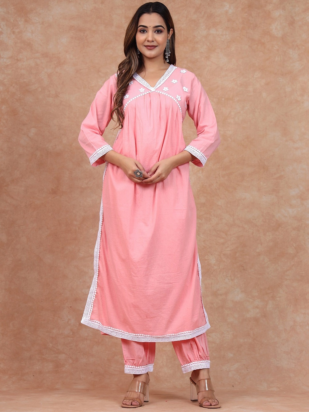 

Sangria Embroidered Pure Cotton A-Line Kurta With Salwar, Peach