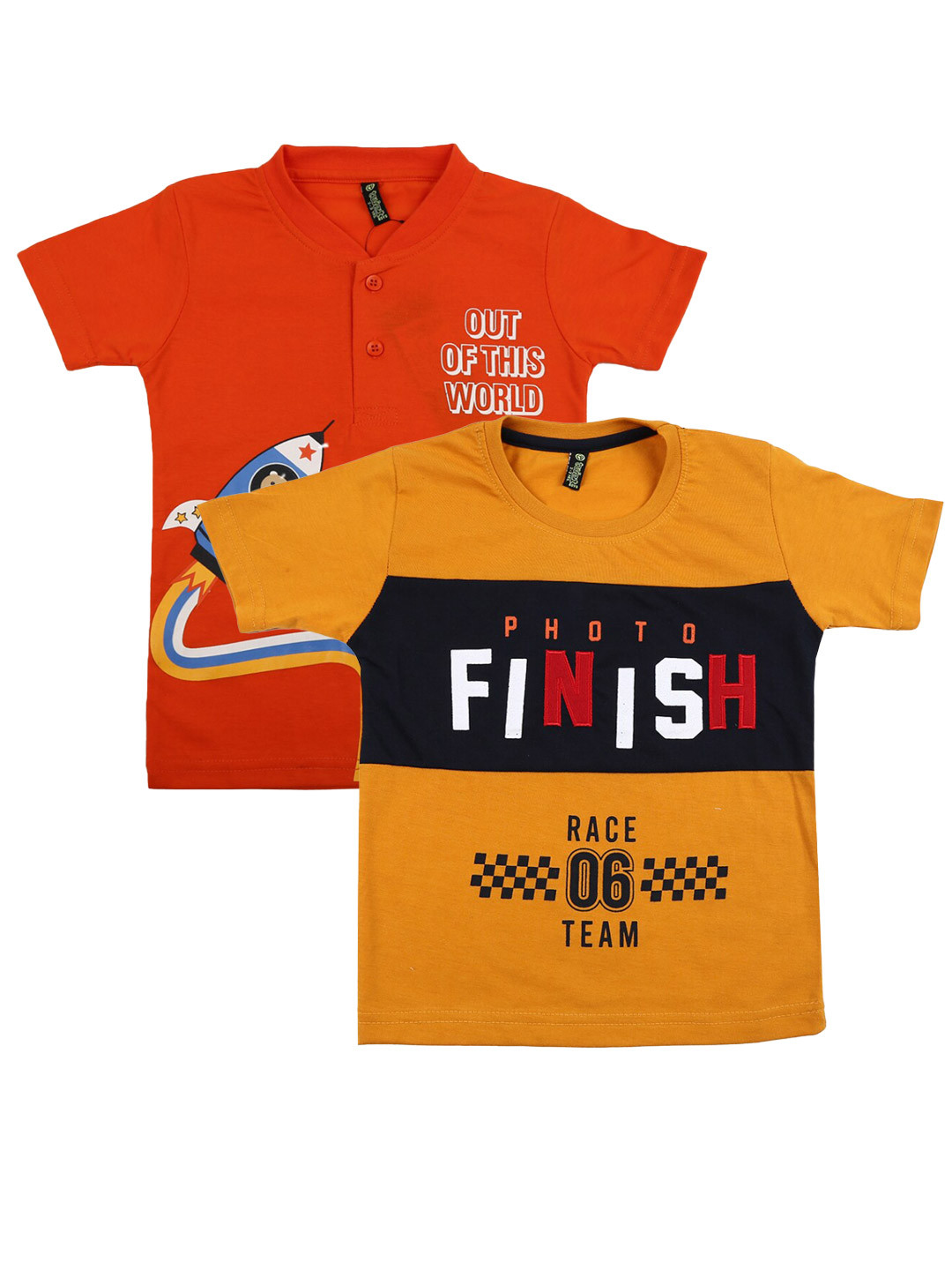 

V-Mart Boys Pack Of 2 Graphic Printed Round Neck Short Sleeves Cotton T-shirt, Mustard