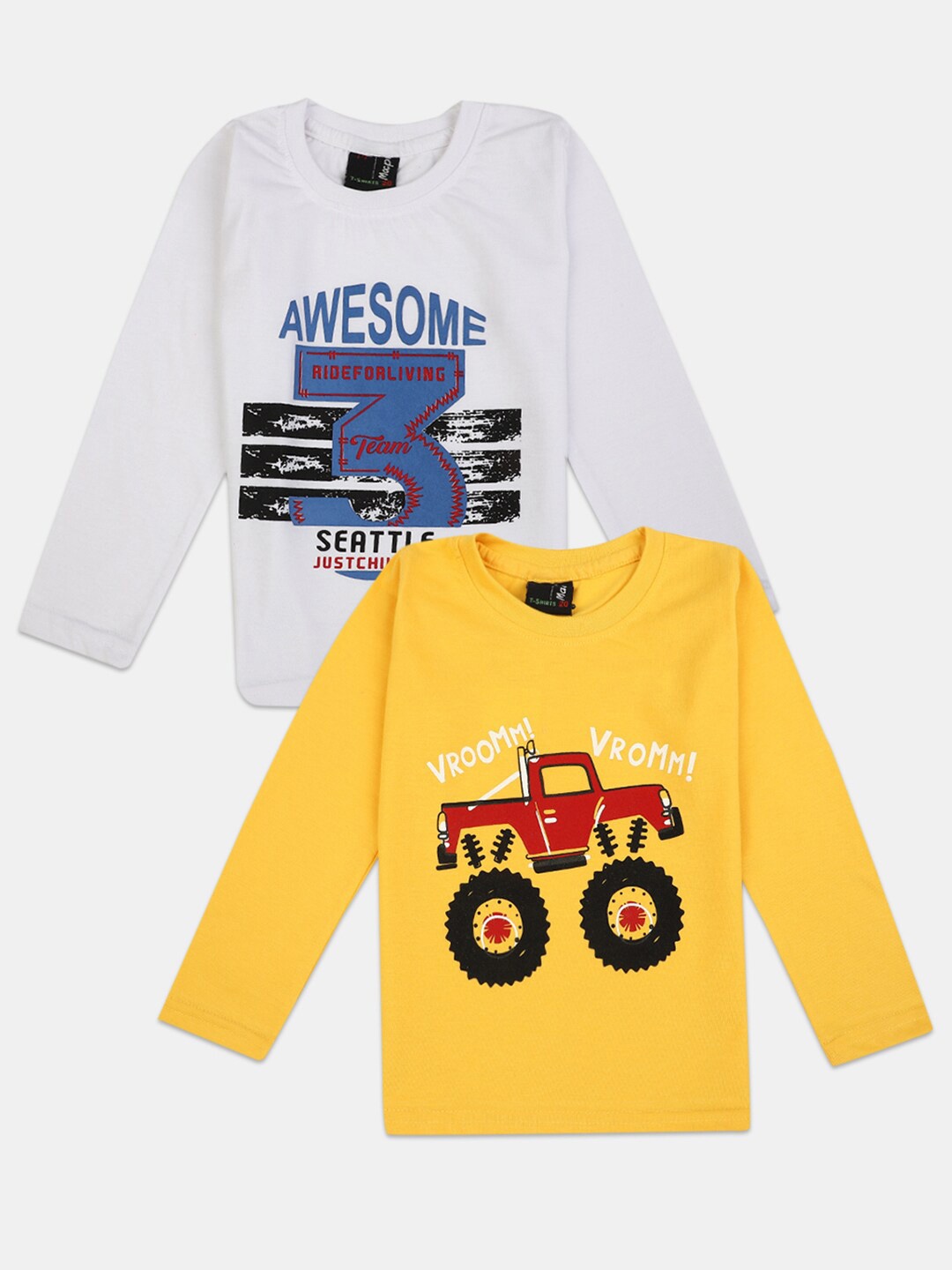 

V-Mart Boys Pack Of 4 Typography Printed Cotton Round Neck Applique T-shirts, Yellow