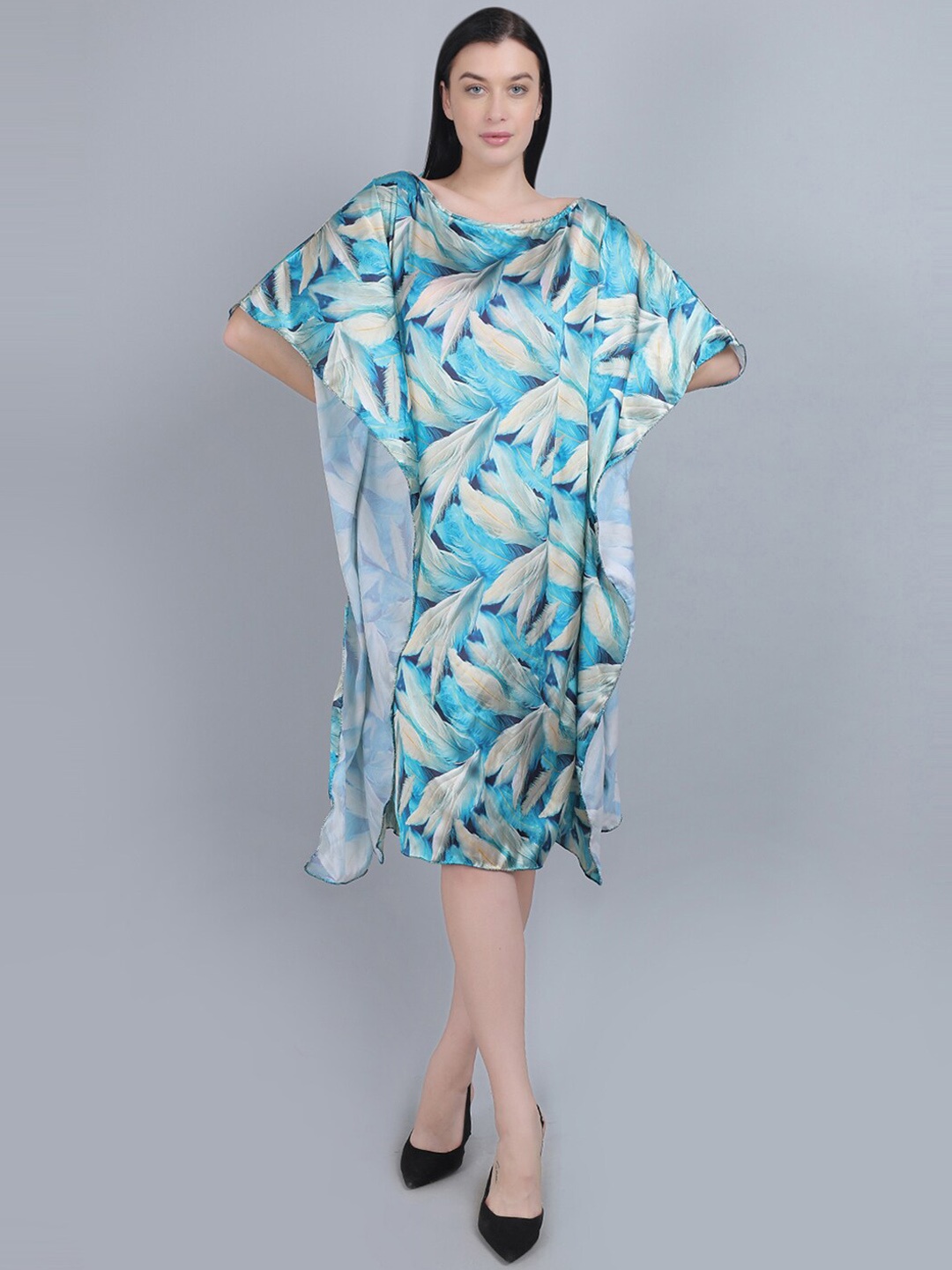 

mod & shy Floral Printed Round Neck Kimono Sleeves Kaftan Dress, Sea green