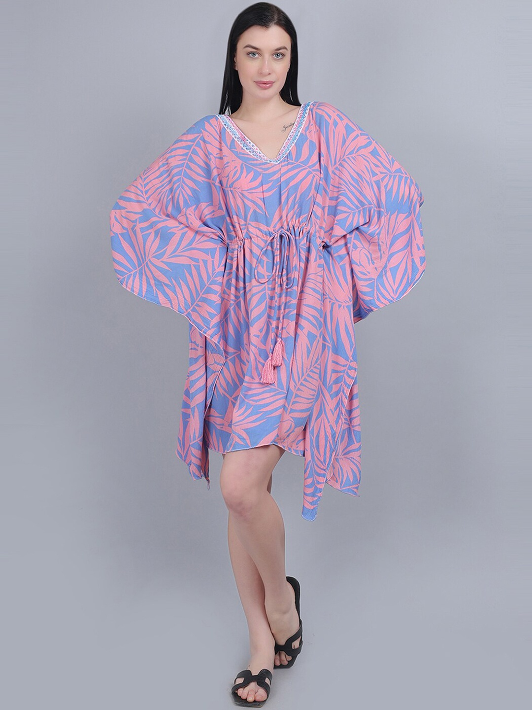 

mod & shy Women V-neck Above Knee Floral Kaftan Dress, Blue