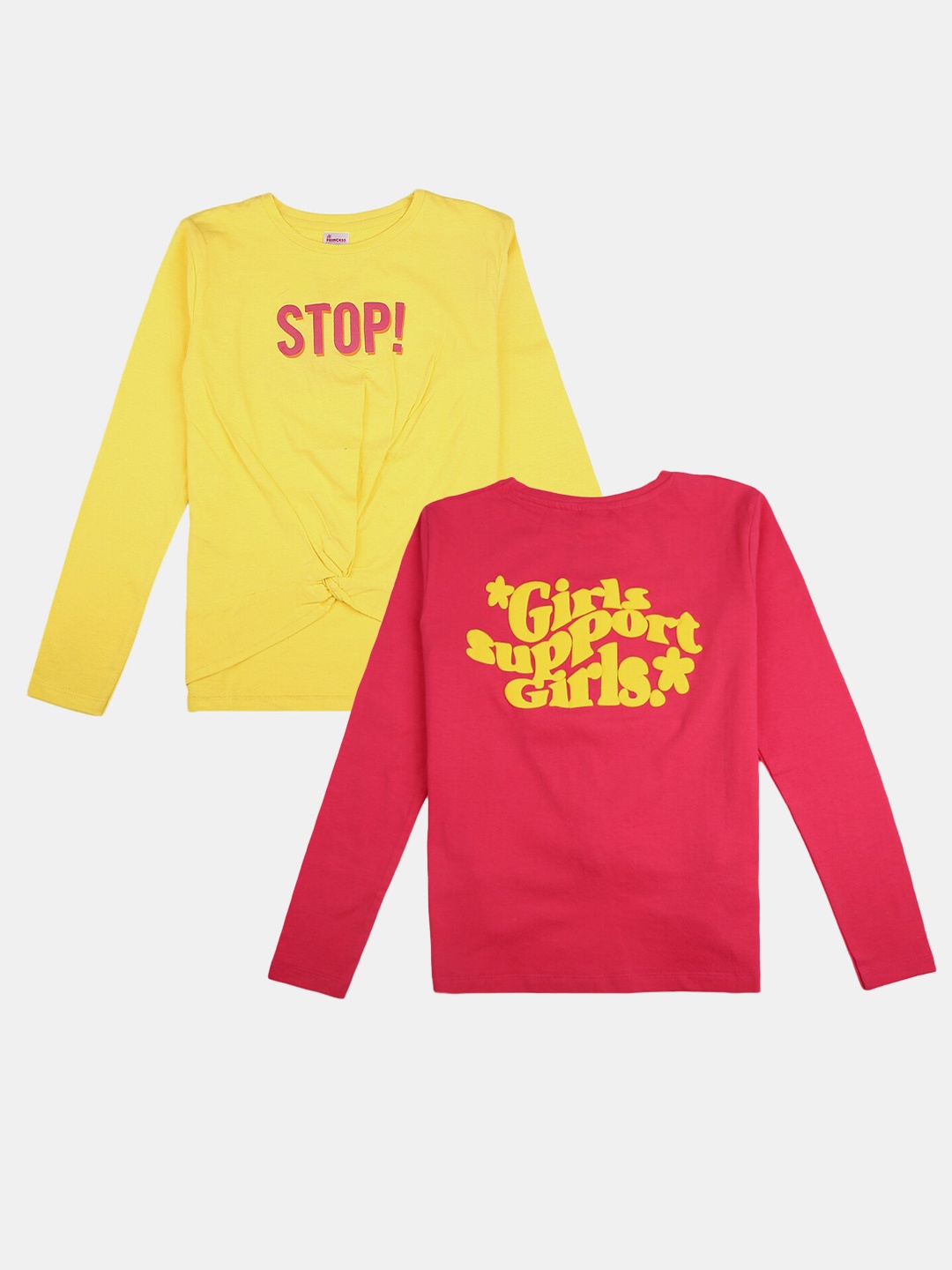 

V-Mart Girls Pack Of 2 Typography Printed Cotton Round Neck Casual T-shirts, Yellow