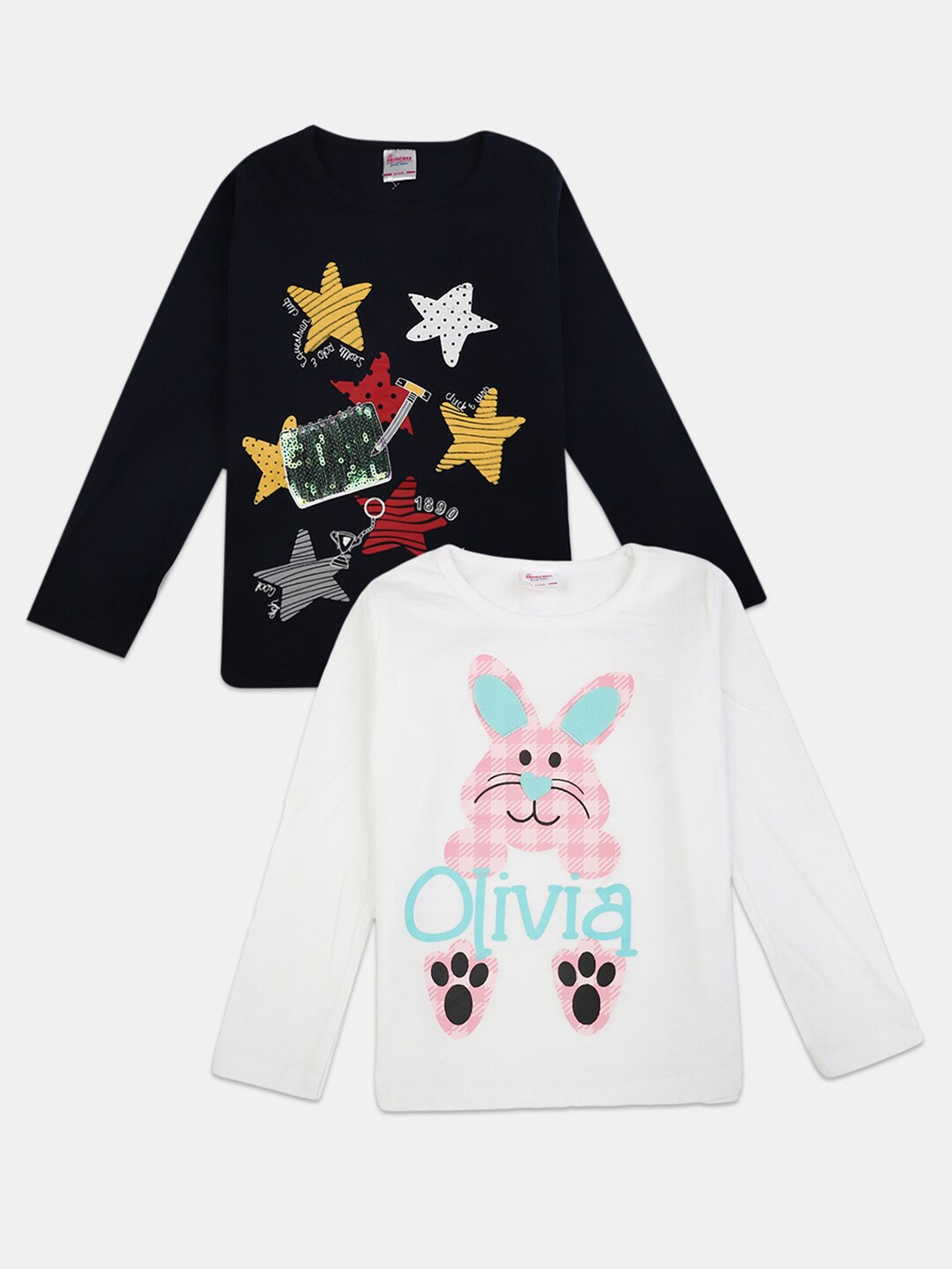 

V-Mart Girls Pack Of 4 Printed Cotton Round Neck Long Sleeves Applique Casual T-shirts, White
