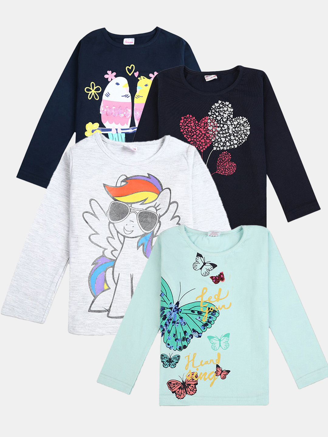 

V-Mart Girls Pack Of 4 Graphic Printed Cotton Round Neck Long Sleeves Casual T-shirts, Grey