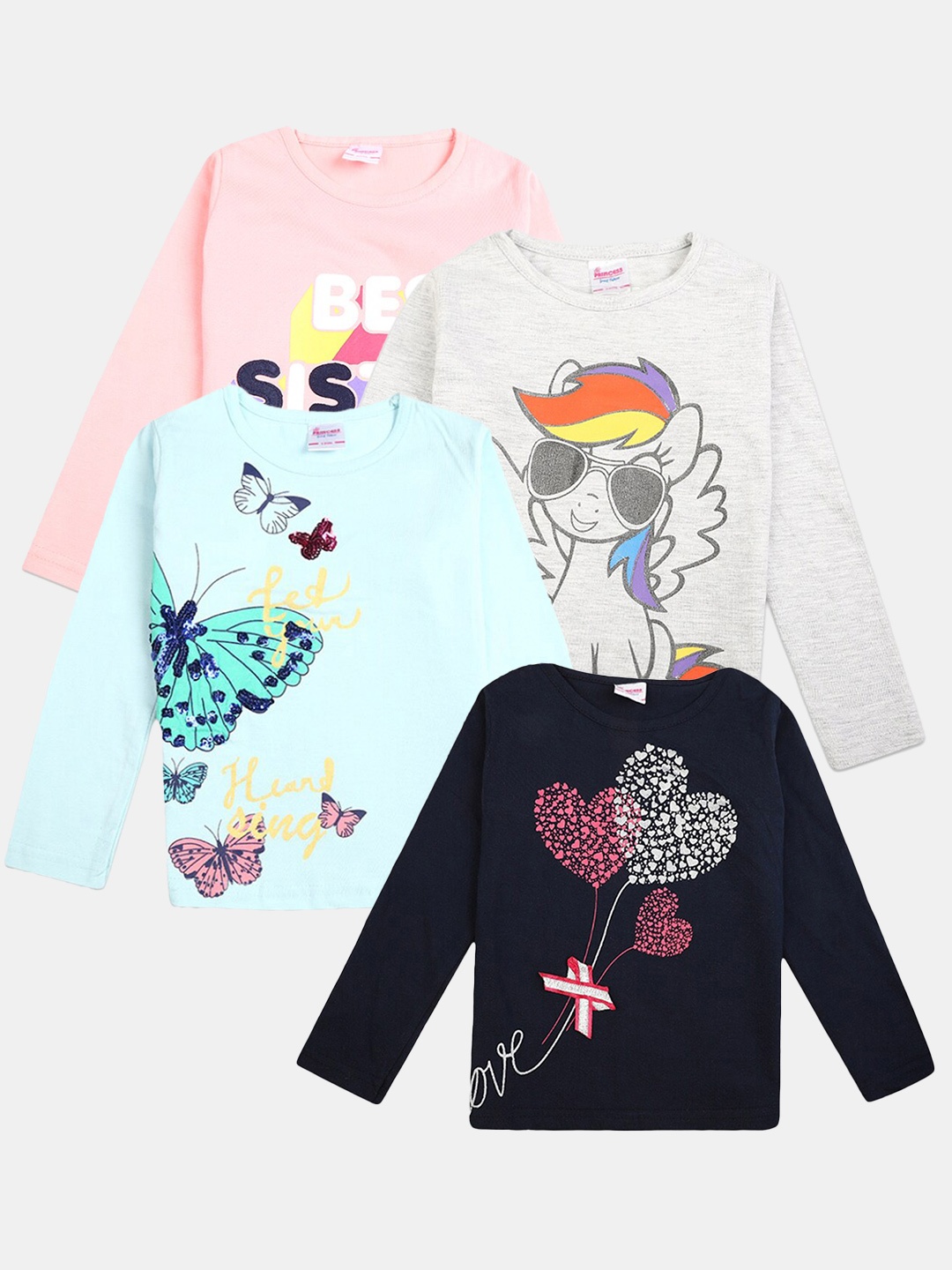 

V-Mart Girls Pack Of 4 Graphic Printed Cotton Round Neck Applique Casual T-shirts, Green