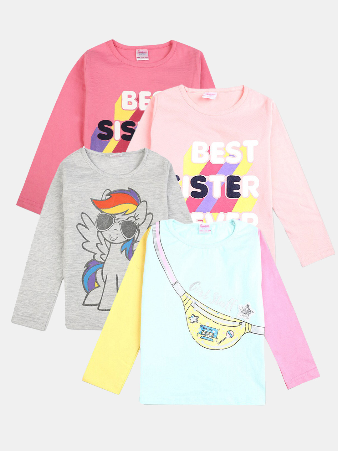

V-Mart Girls Pack Of 4 Typography Printed Cotton Round Neck Applique Casual T-shirts, Pink