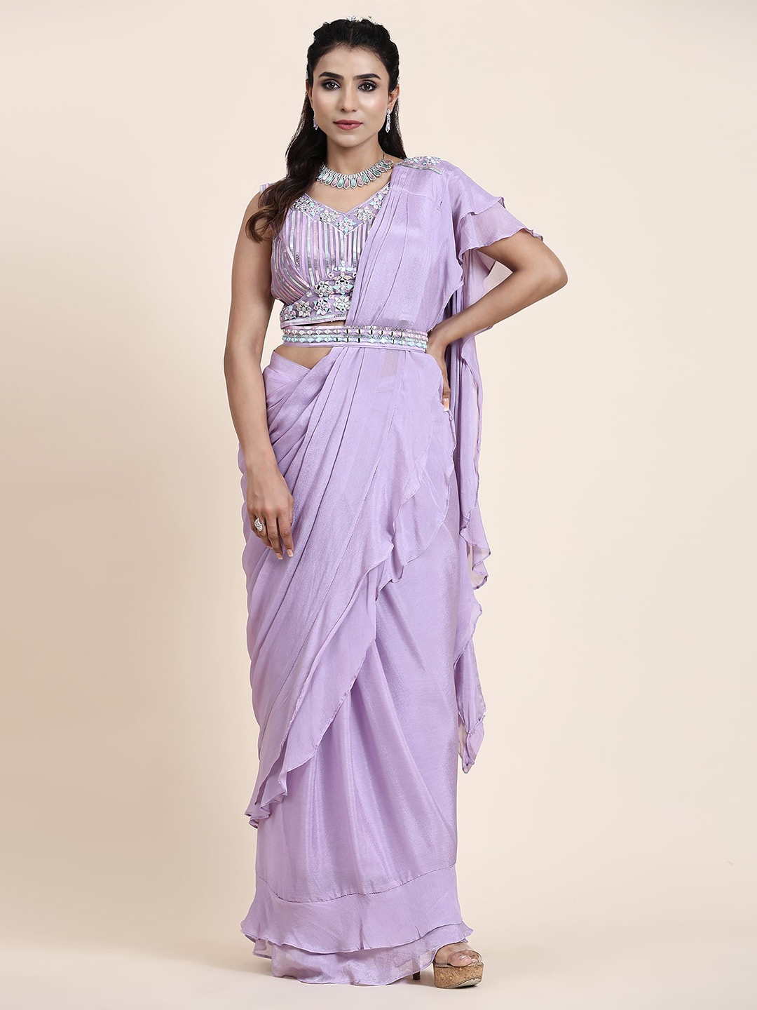 

AMOHA TRENDZ Mirror Work Pure Silk Ready to Wear Saree, Purple