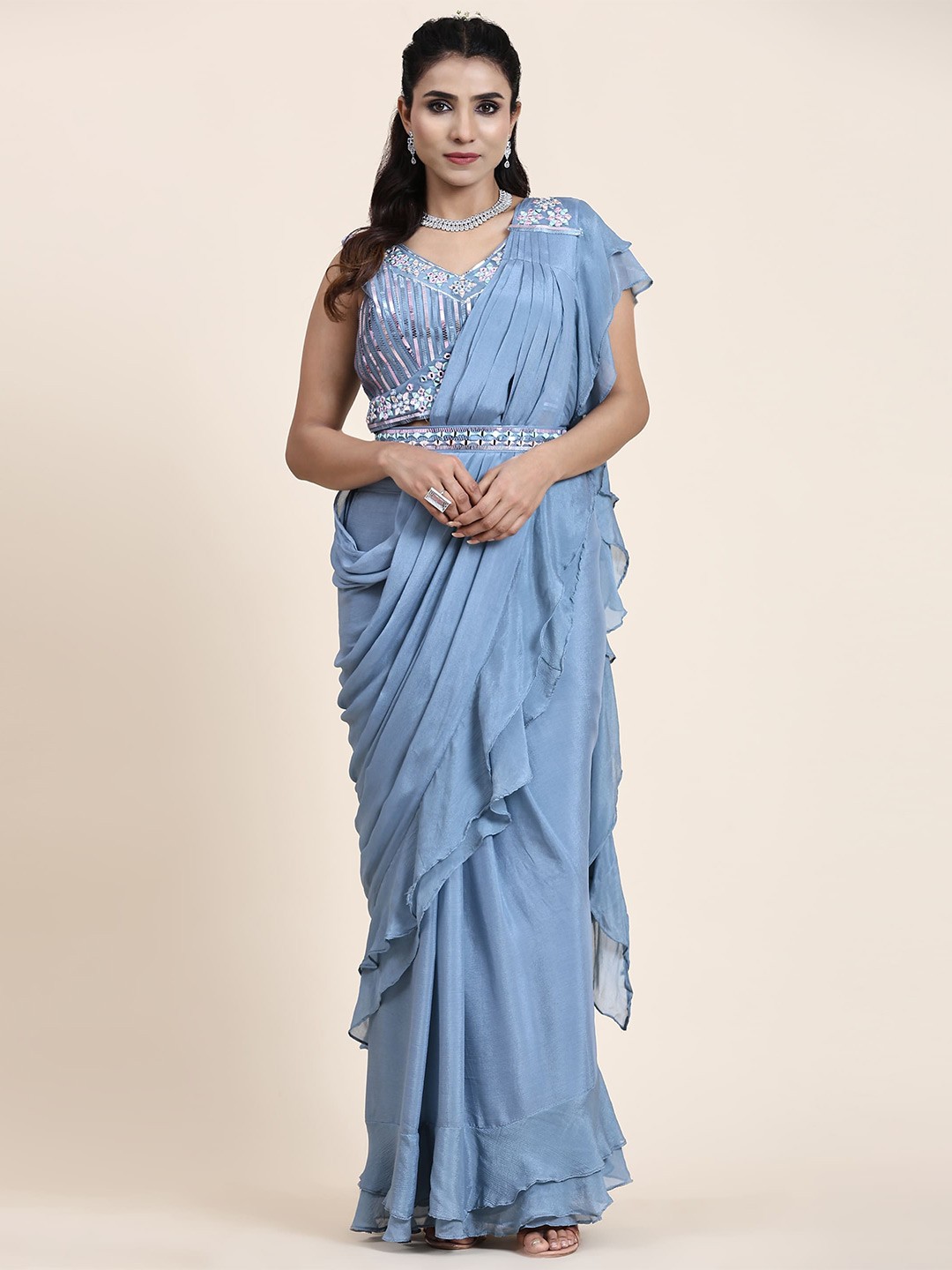 

AMOHA TRENDZ Pure Silk Ready to Wear Saree, Blue