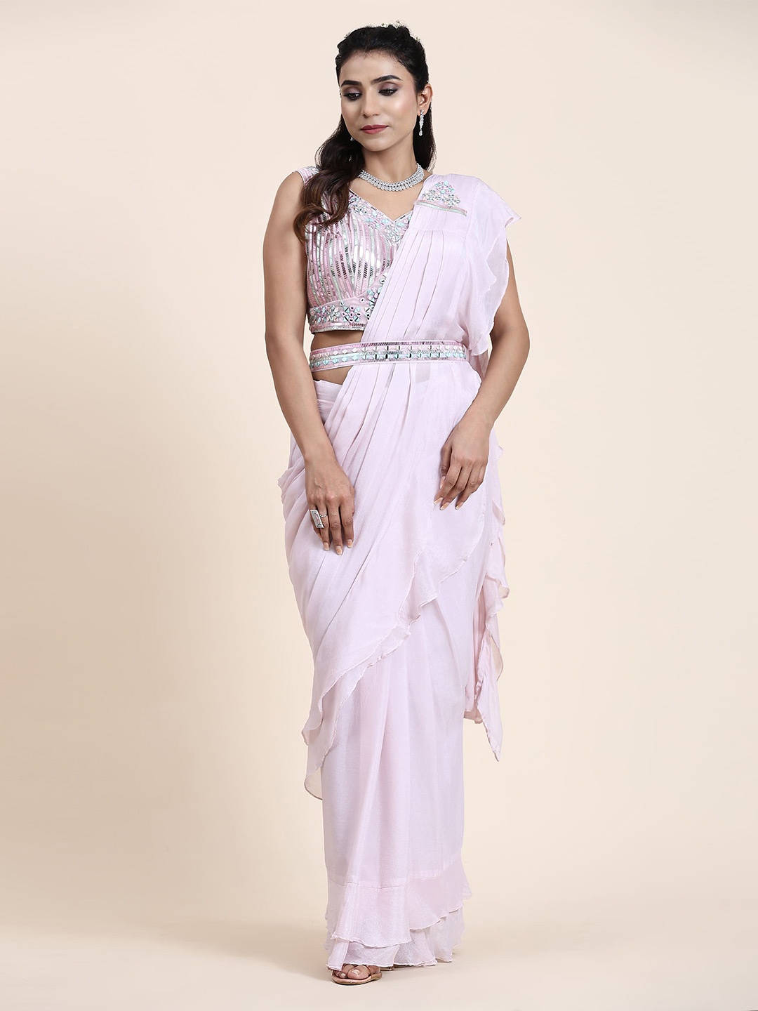 

AMOHA TRENDZ Pure Silk Ready to Wear Saree, Peach