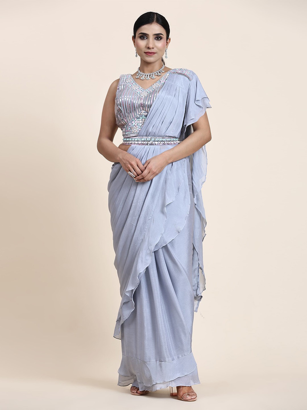 

AMOHA TRENDZ Mirror Work Pure Silk Ready to wear Saree, Grey
