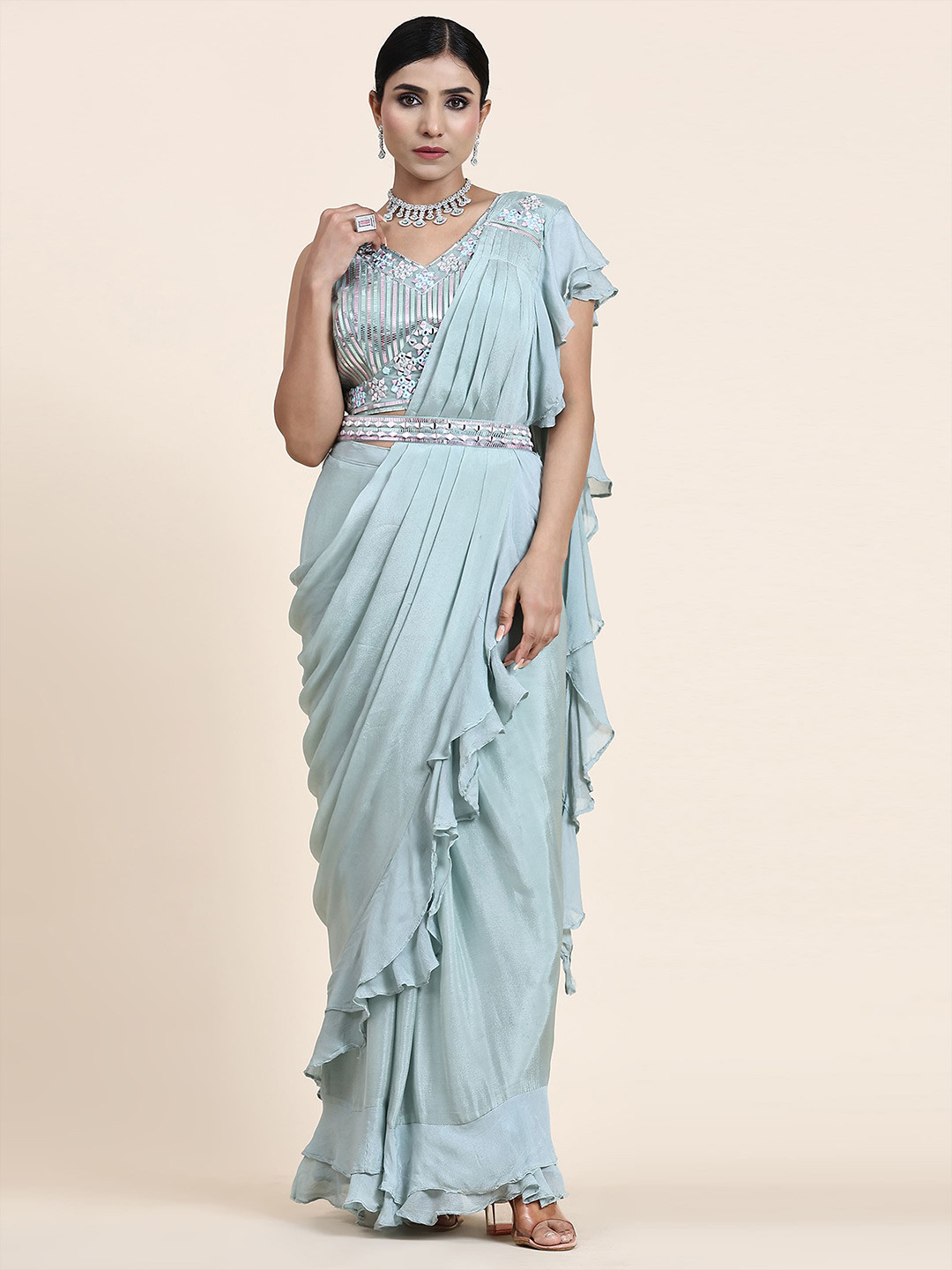 

AMOHA TRENDZ Mirror Work Pure Silk Ready to wear Saree, Green