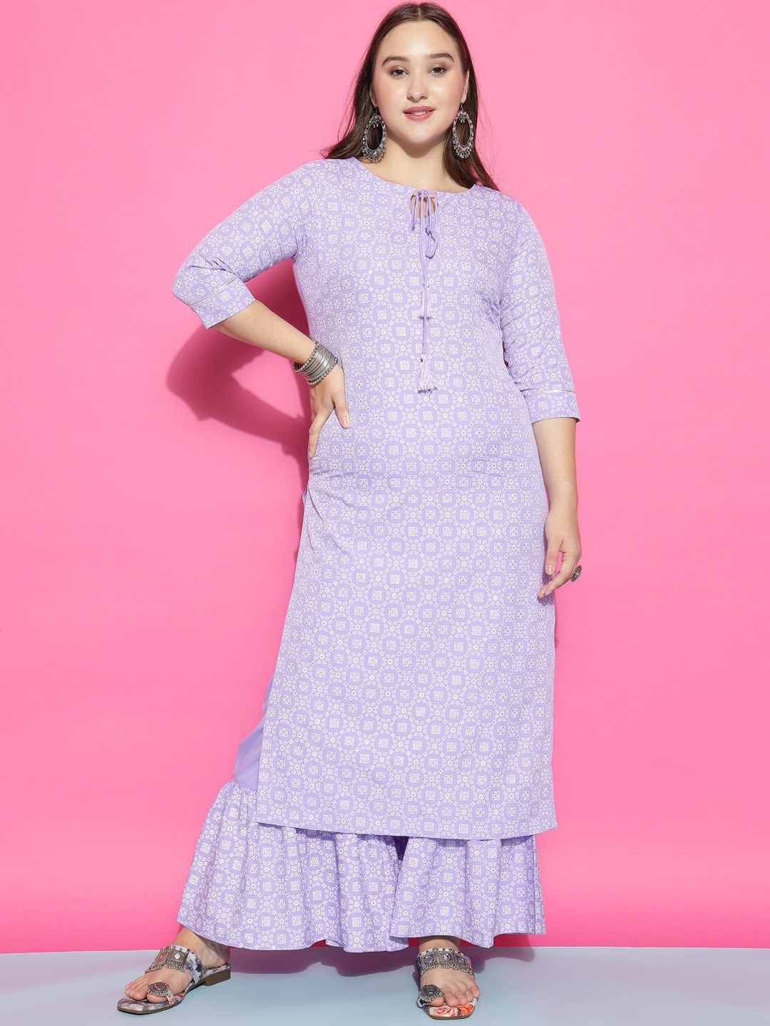 

FAB GALAXY Ethnic Motifs Printed Tie-Up Neck Regular Kurta With Sharara, Purple