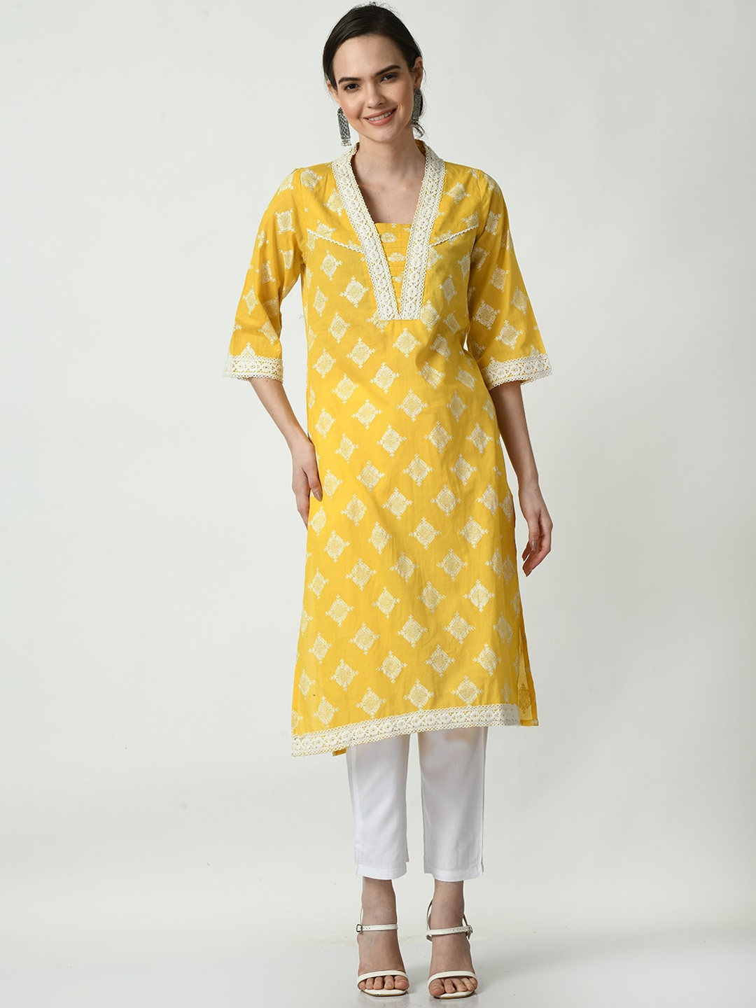 

KALINI Women Ethnic Motifs Embroidered Chikankari Block Print Kurta, Yellow