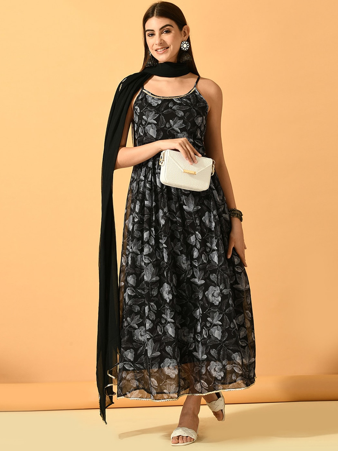 

KALINI Women Printed Gotta Patti Summer Sheers Anarkali Kurta, Black