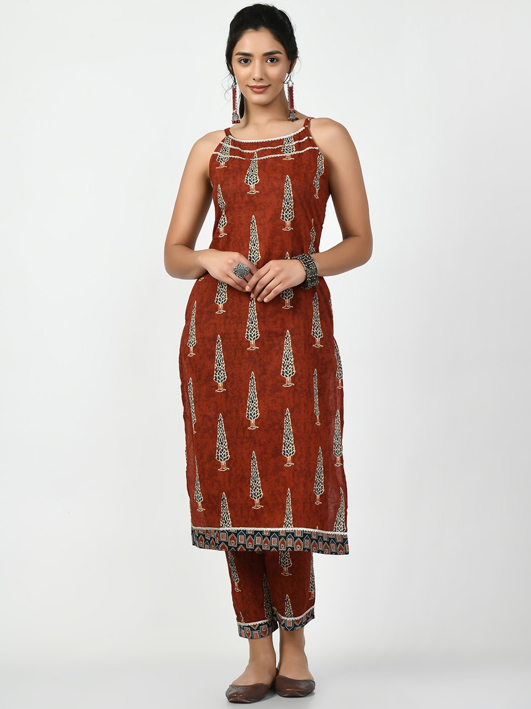 

KALINI Women Ethnic Motifs Embroidered Block Print Kurta, Rust